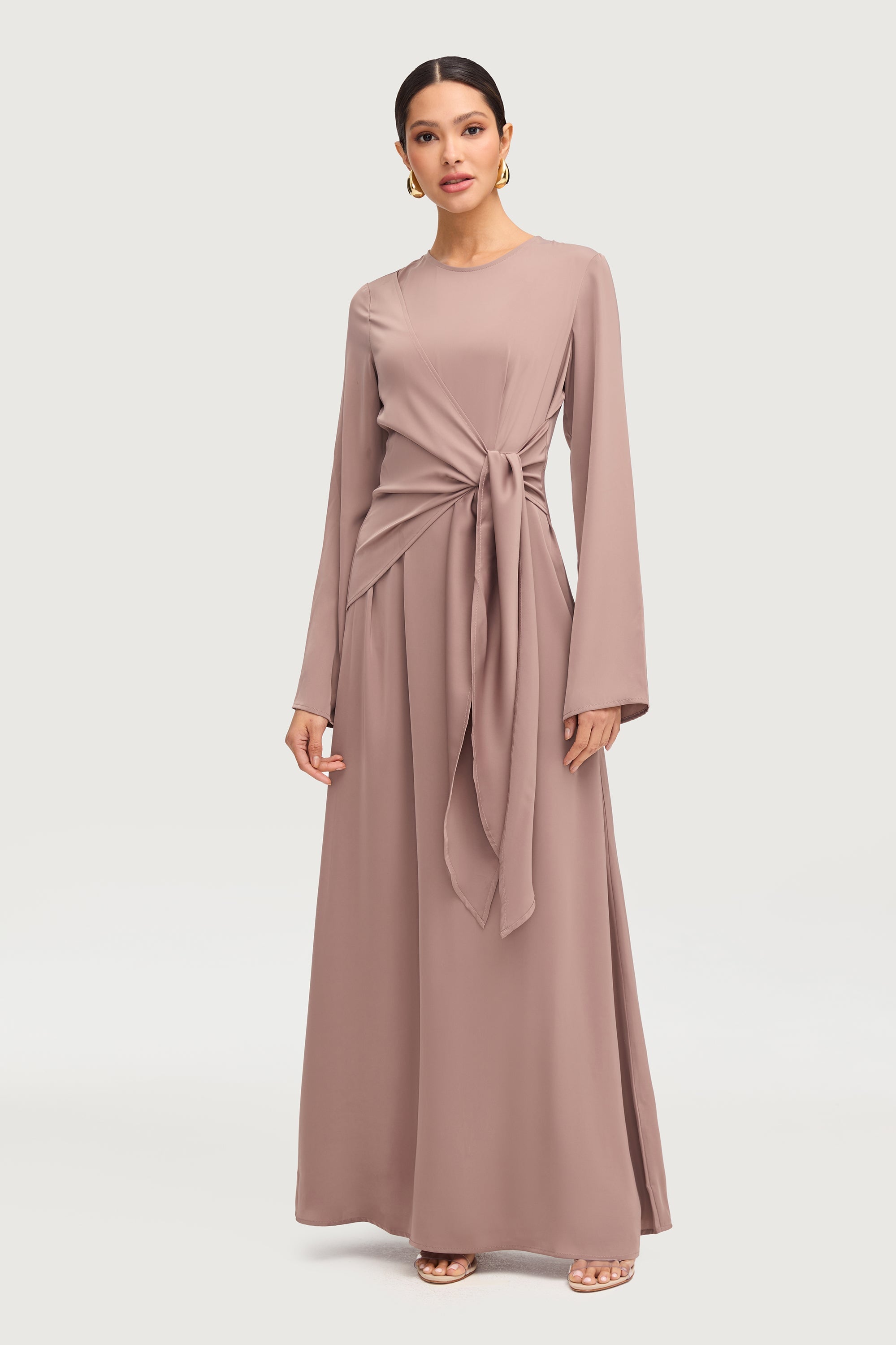 Sofia Side Tie Satin Maxi Dress - Truffle Dresses Veiled 