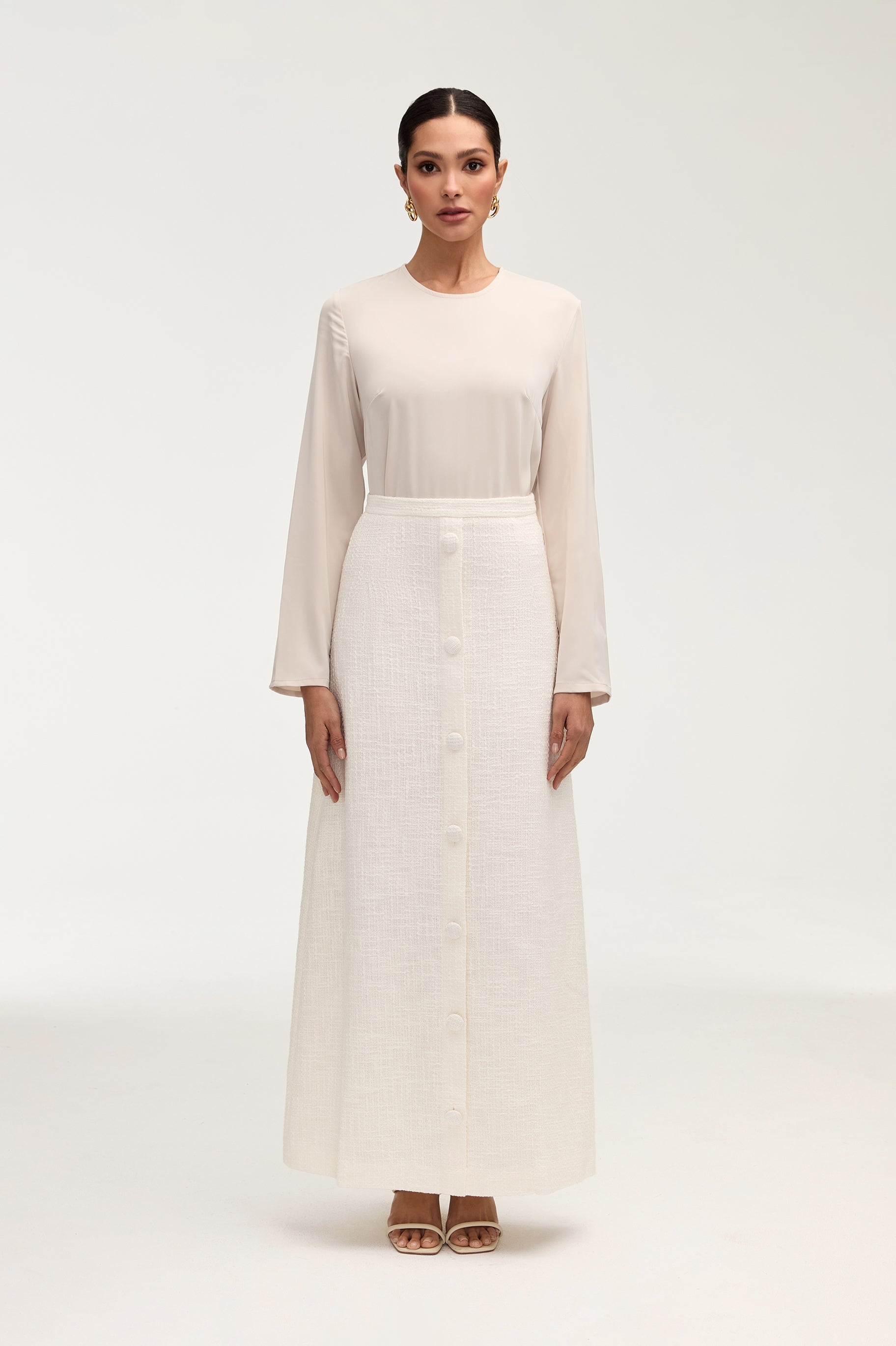 Sophia Tweed Button Front Maxi Skirt - Pearl Bottoms Veiled 