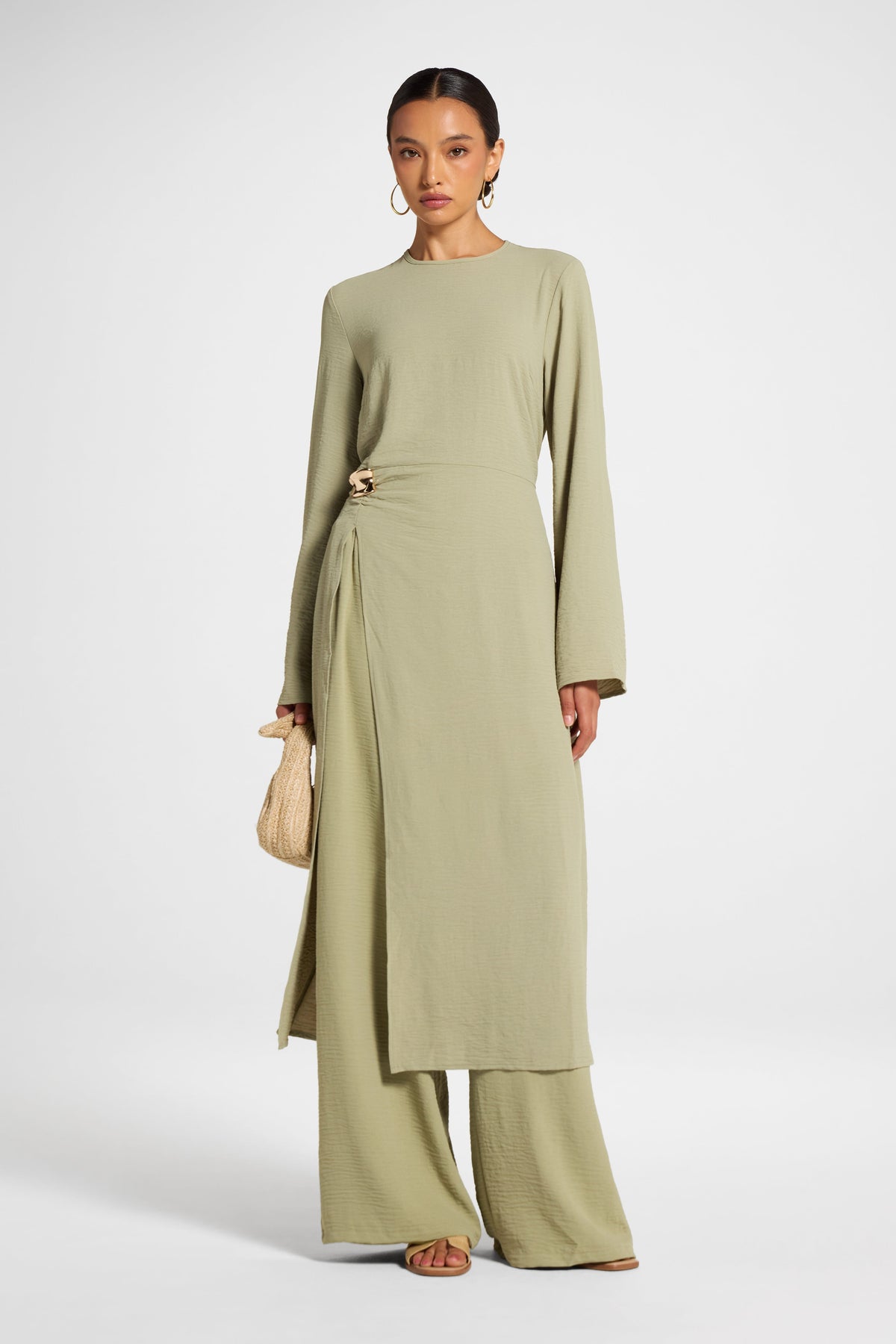 Split Front Tunic Top - Sage Veiled 