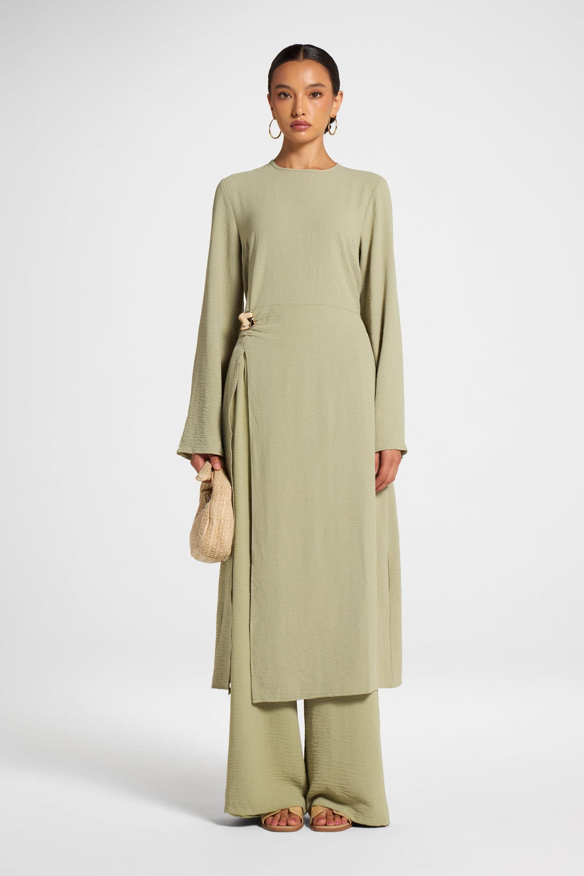Split Front Tunic Top - Sage Veiled 