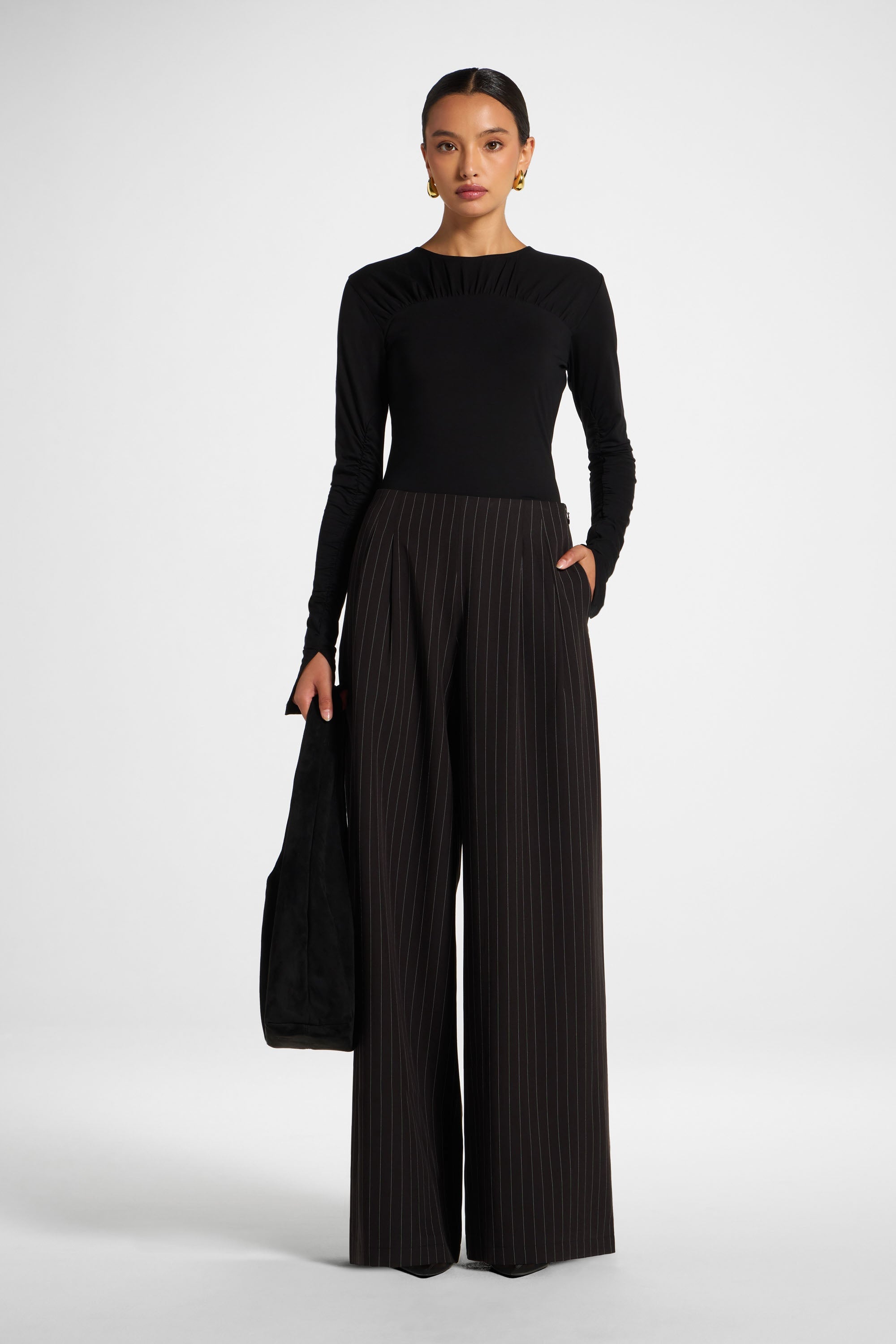Stripe Pleat Wide Leg Pant - Black Pants Veiled 