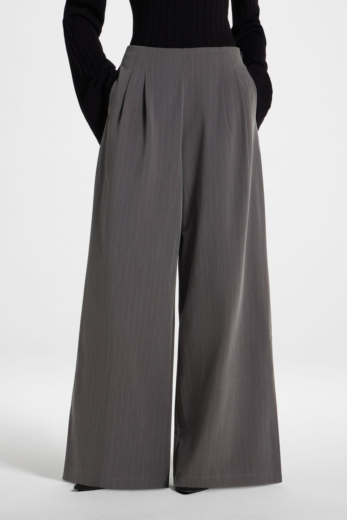 Stripe Pleat Wide Leg Pant - Charcoal Pants Veiled 