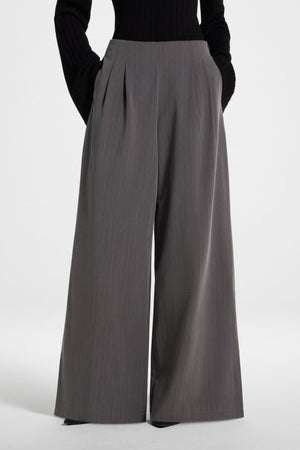 Stripe Pleat Wide Leg Pant - Charcoal