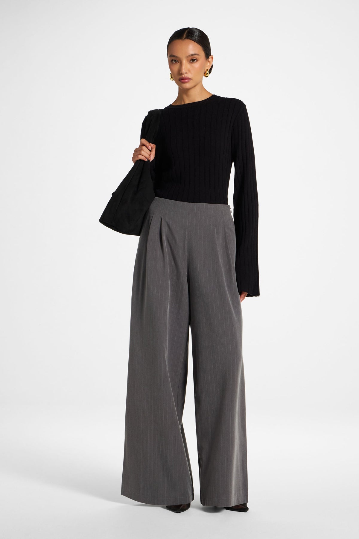 Stripe Pleat Wide Leg Pant - Charcoal Pants Veiled 