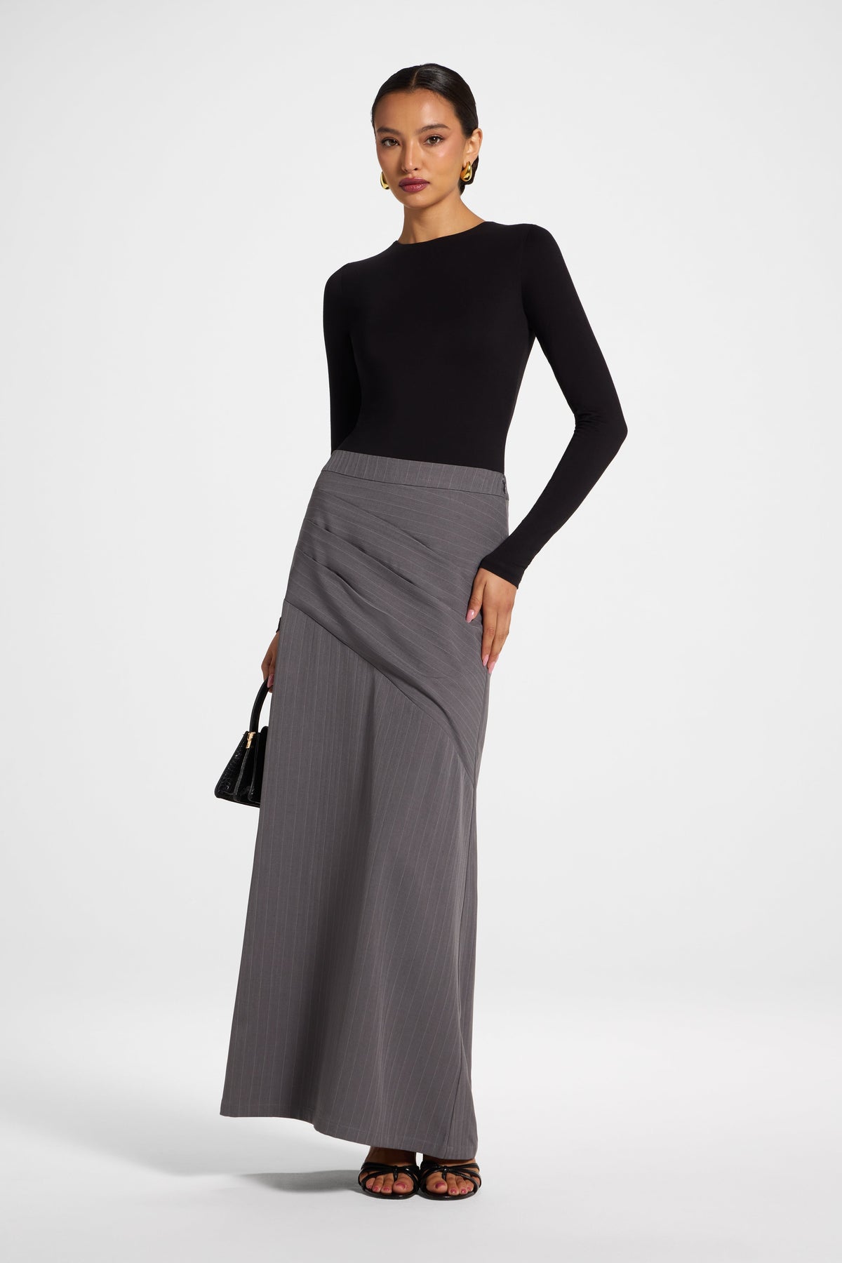 Stripe Side Pleat Skirt - Charcoal Bottoms Veiled 