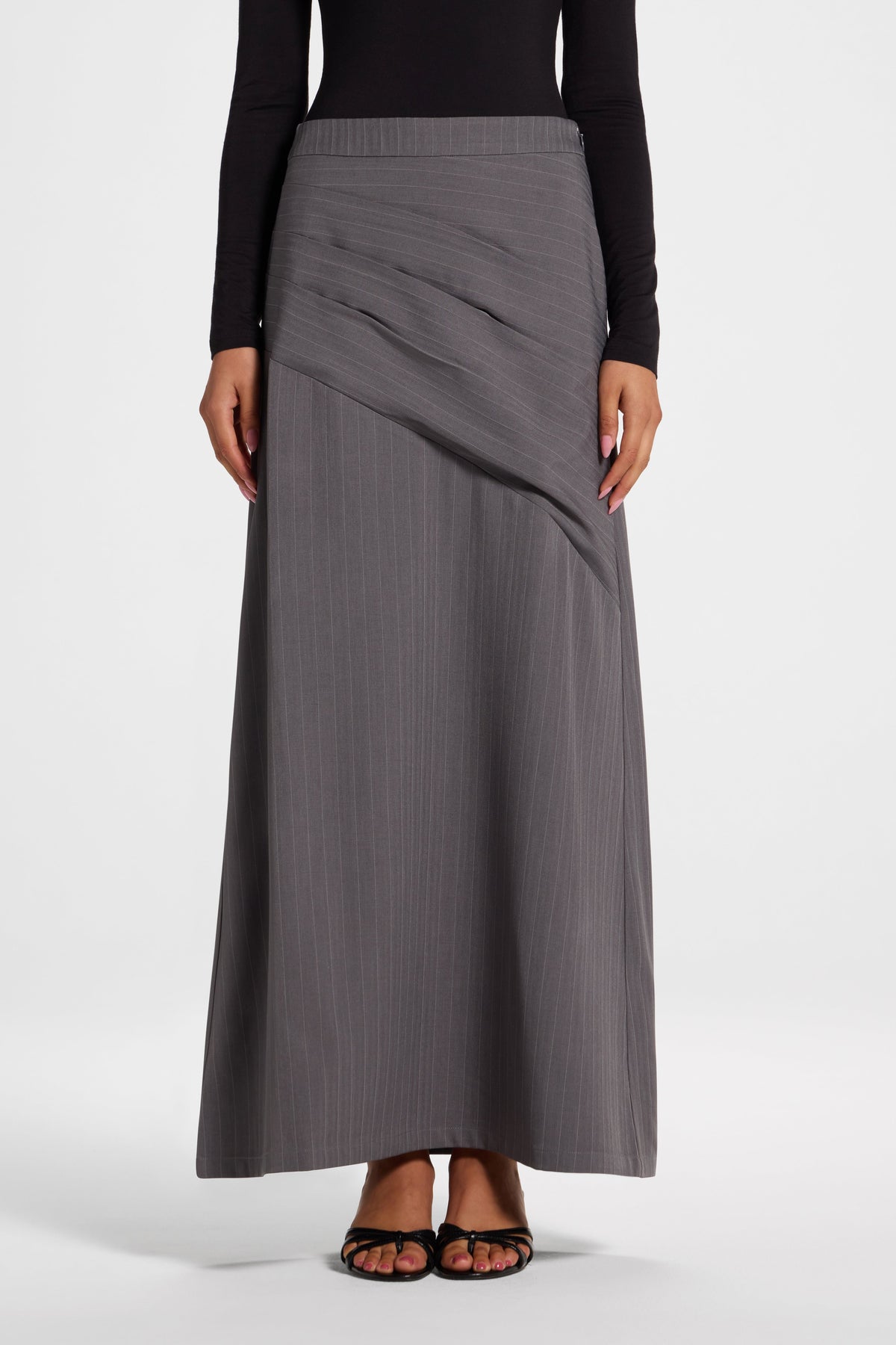 Stripe Side Pleat Skirt - Charcoal Bottoms Veiled 