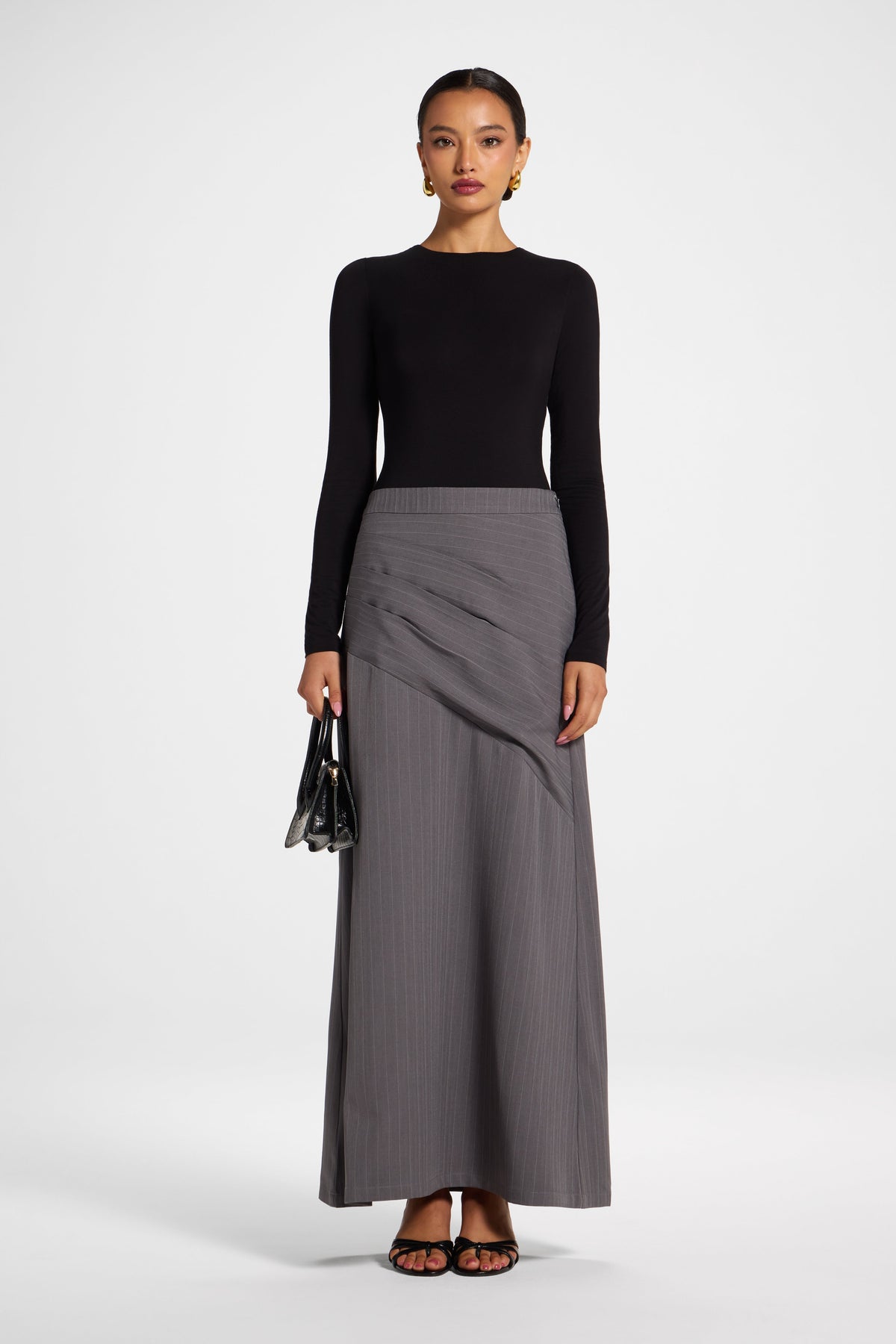 Stripe Side Pleat Skirt - Charcoal Bottoms Veiled 