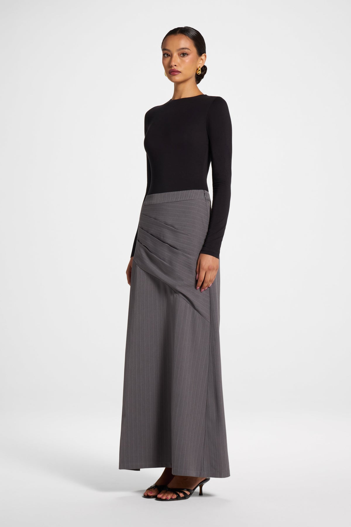 Stripe Side Pleat Skirt - Charcoal Bottoms Veiled 