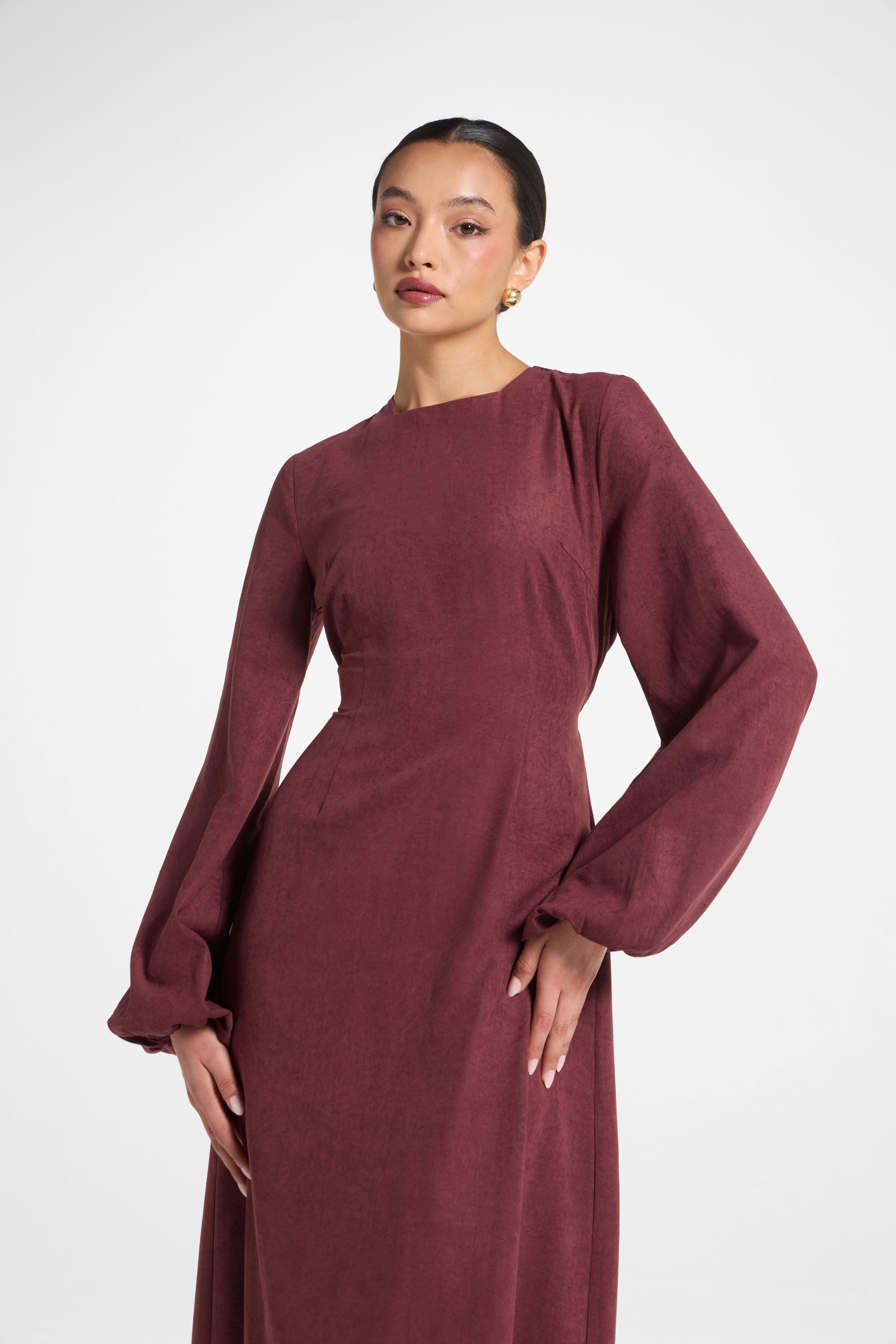 Suede Maxi Dress - Fig Abayas Veiled 