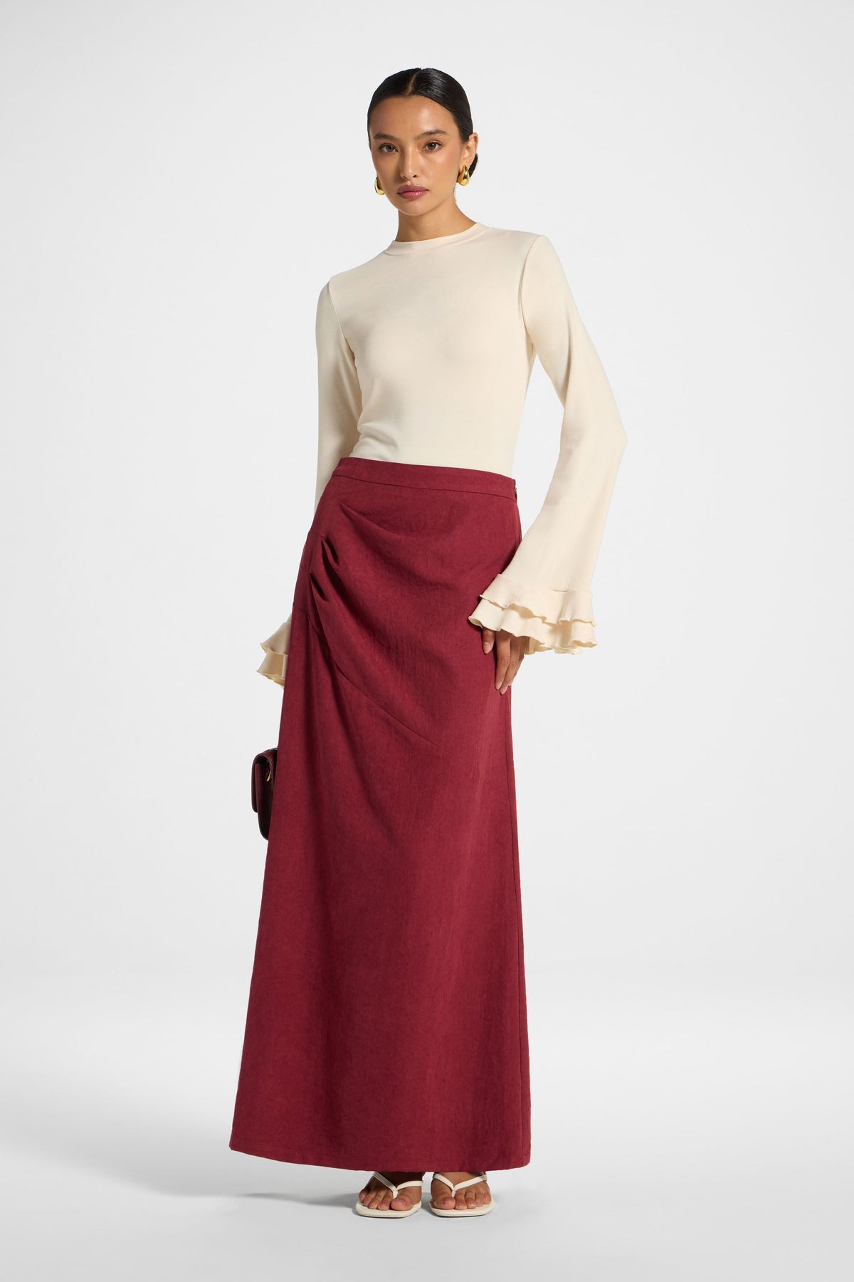Suede Side Pleat Skirt - Dark Cherry Skirt Veiled 