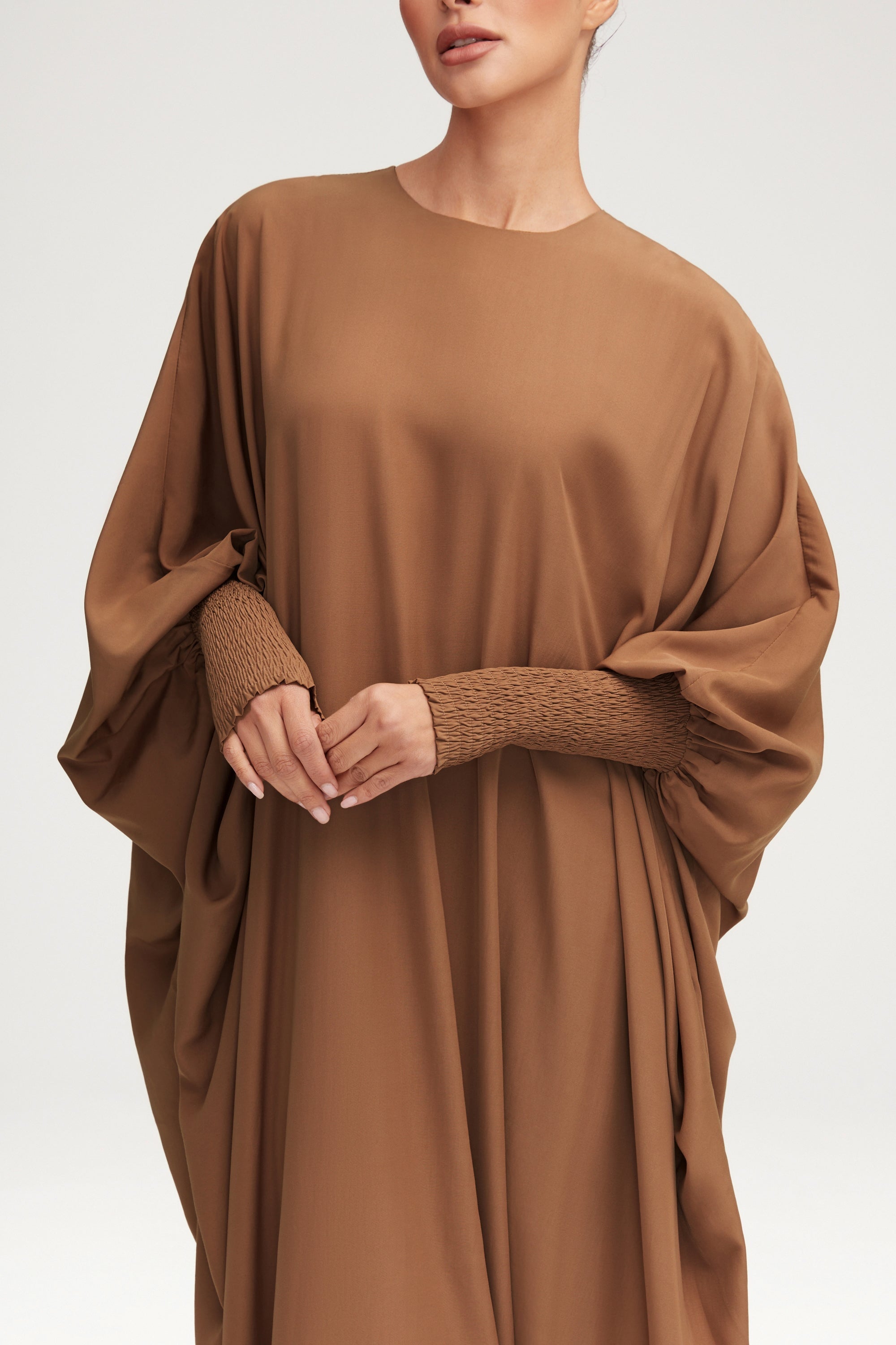 Suha Smocked Sleeve Kaftan - Dark Chai Clothing Veiled 
