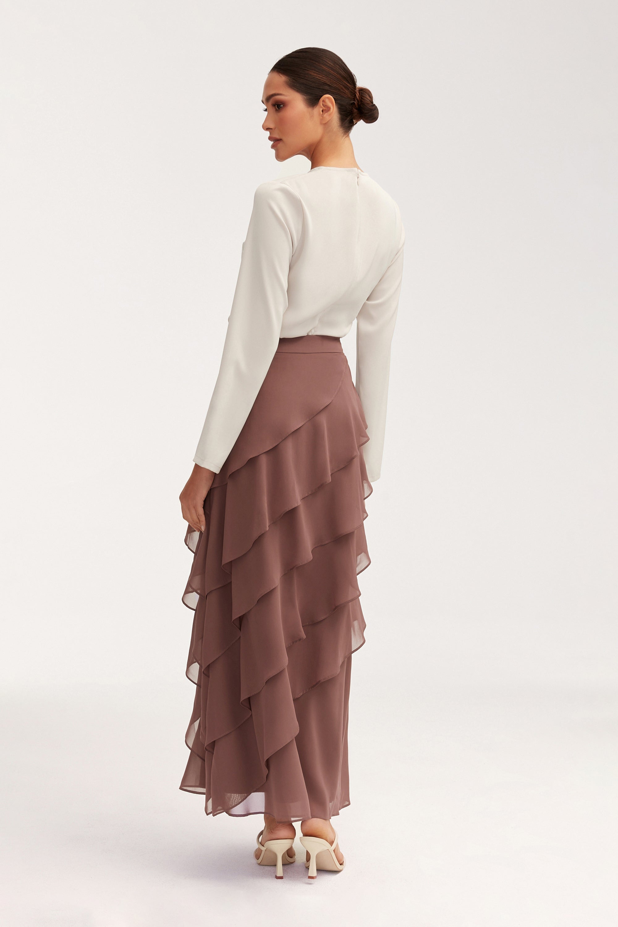 Tasnima Tiered Chiffon Maxi Skirt - Deep Taupe Clothing Veiled 