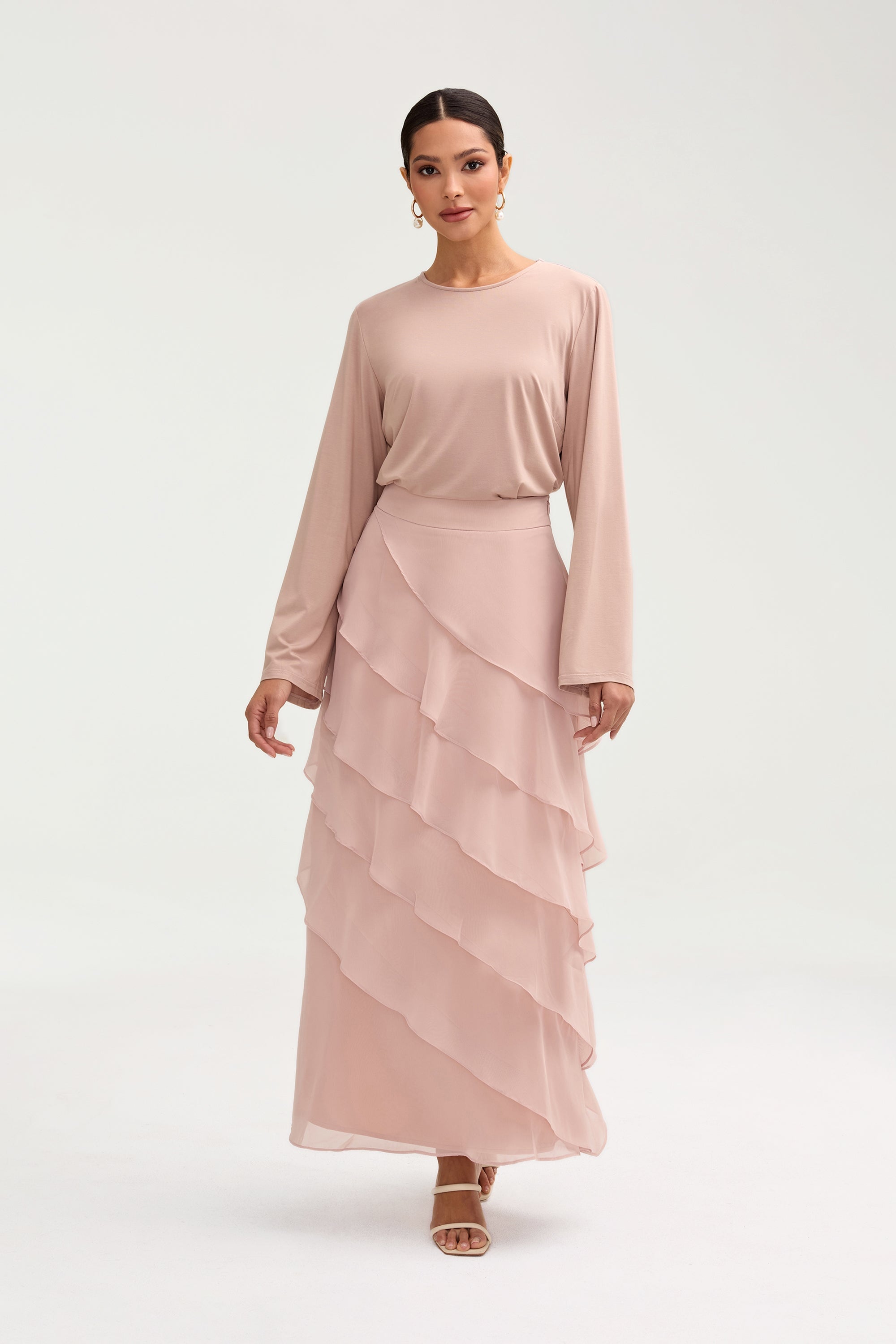 Tasnima Tiered Chiffon Maxi Skirt Jasmine Pink