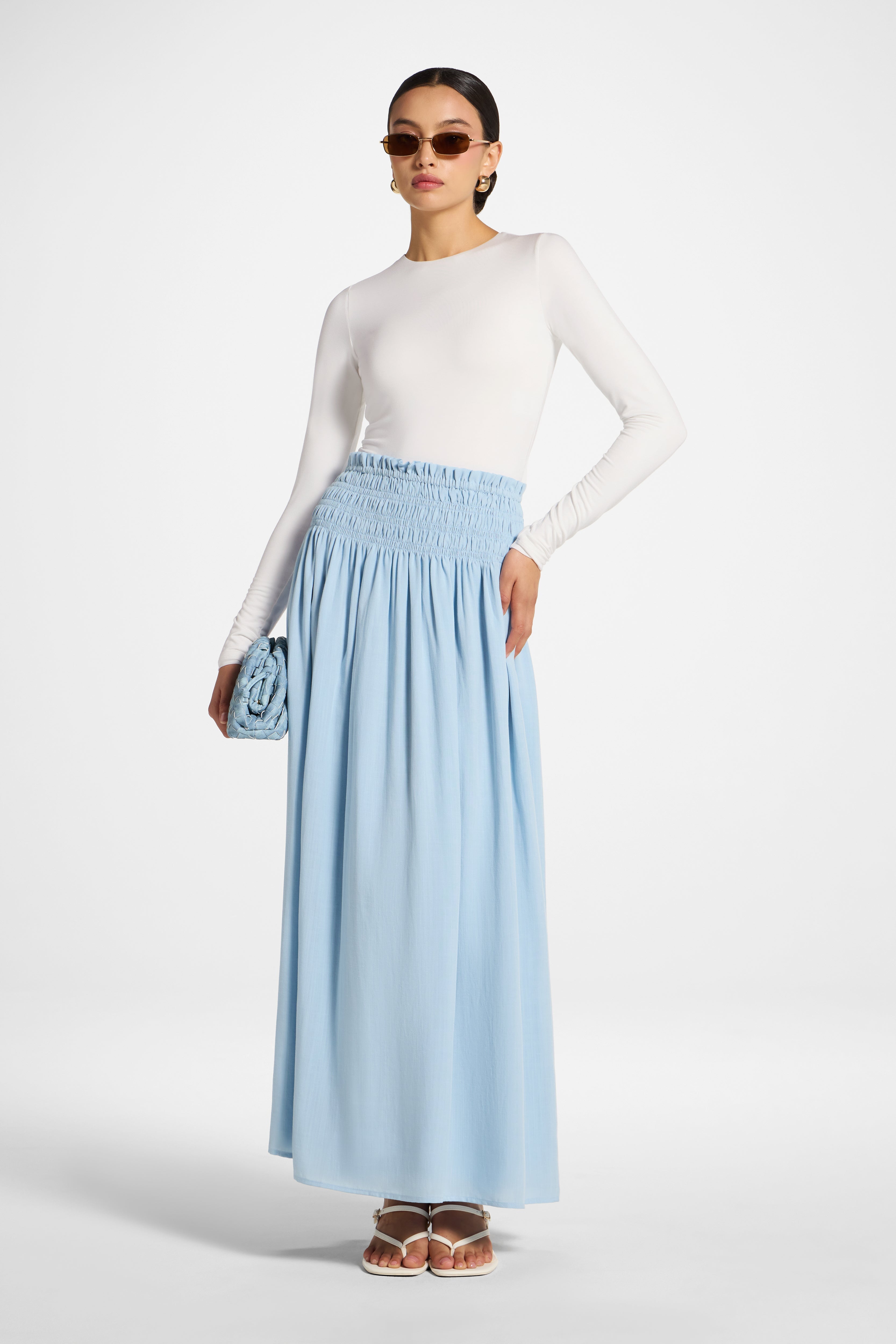 Tencel Smocked Skirt - Sky Abayas Veiled 