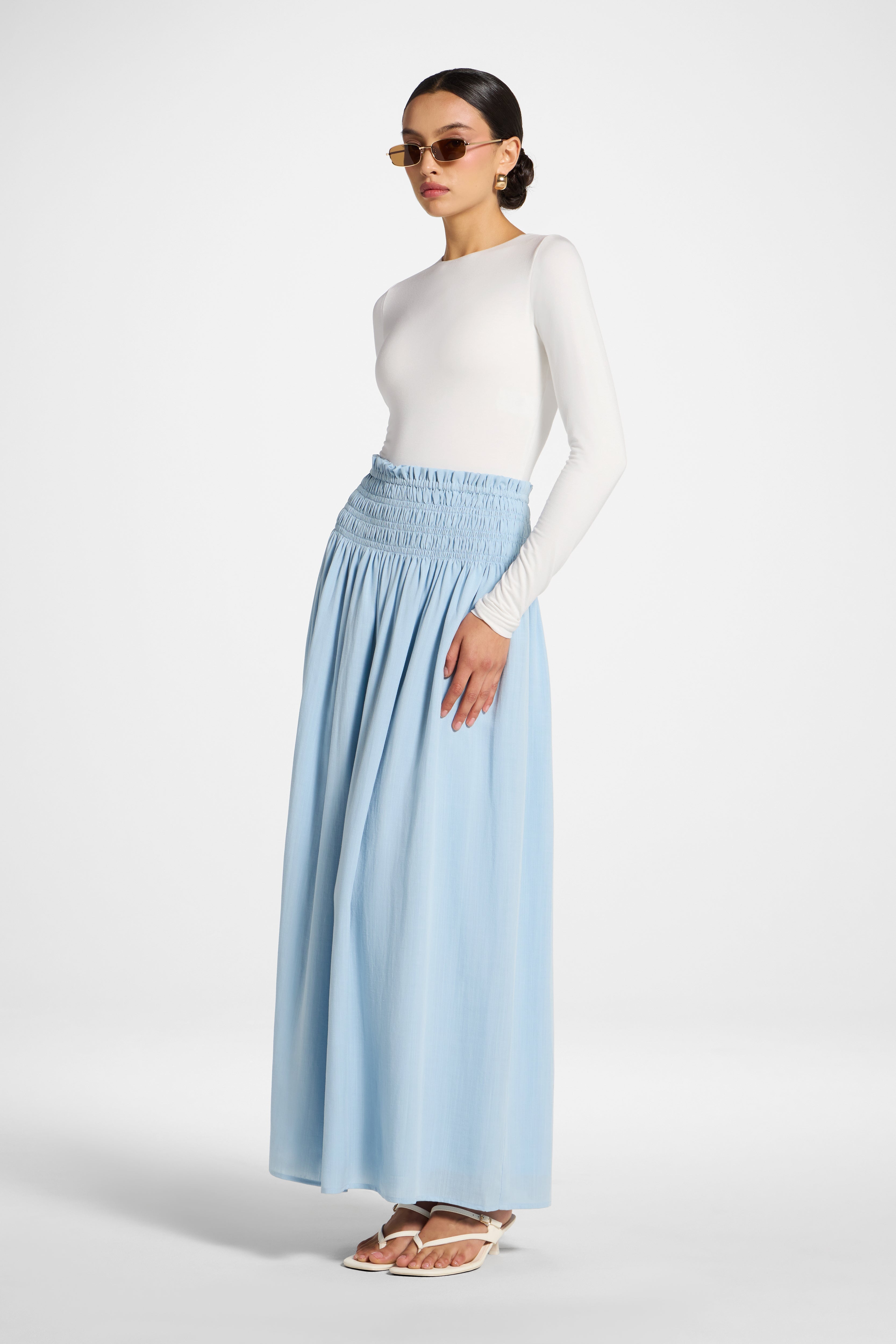 Tencel Smocked Skirt - Sky Abayas Veiled 