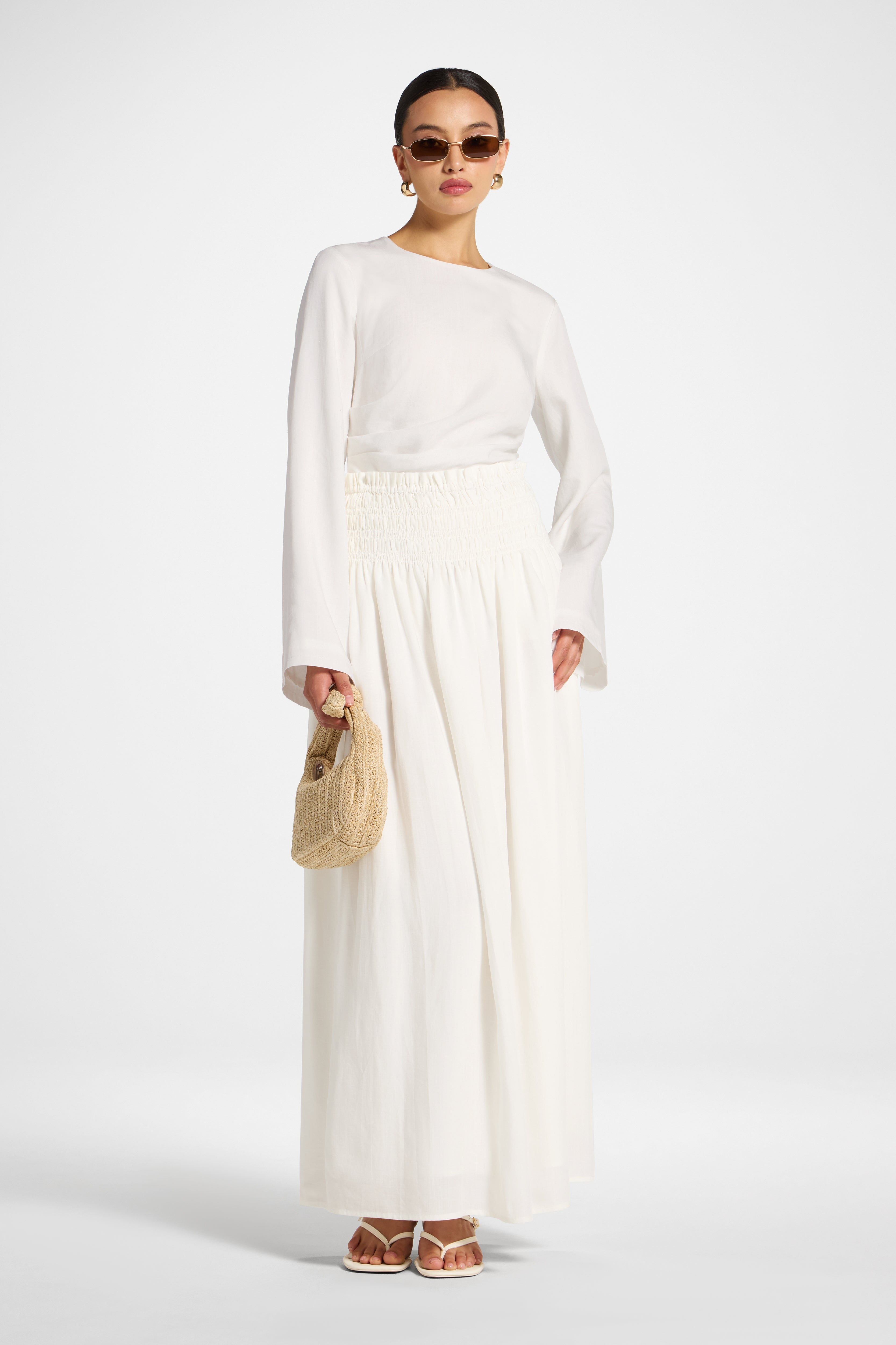 Tencel Smocked Skirt - White Abayas Veiled 
