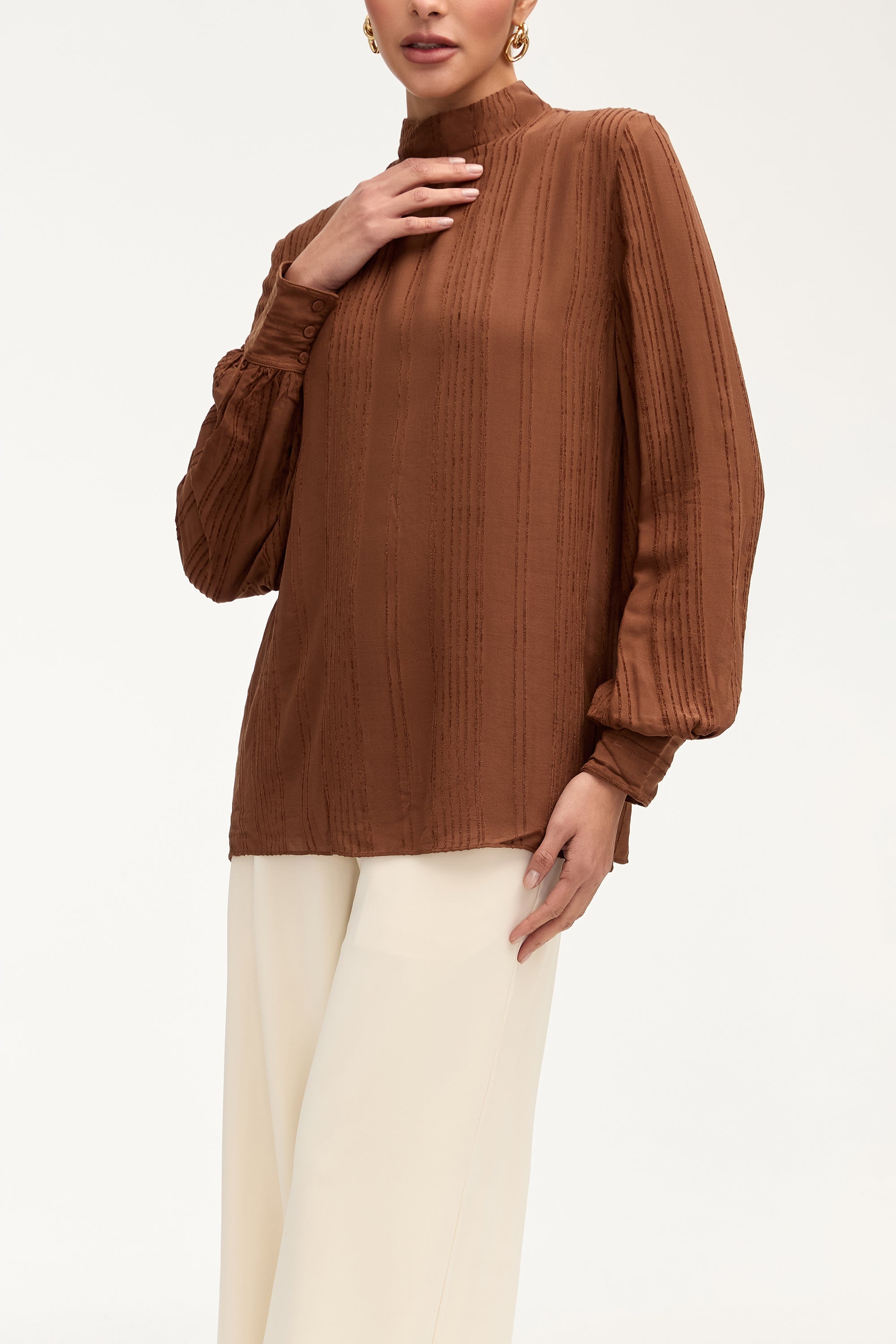 Textured Rayon Balloon Sleeve Blouse - Brown Cocoa Tops Veiled Collection 
