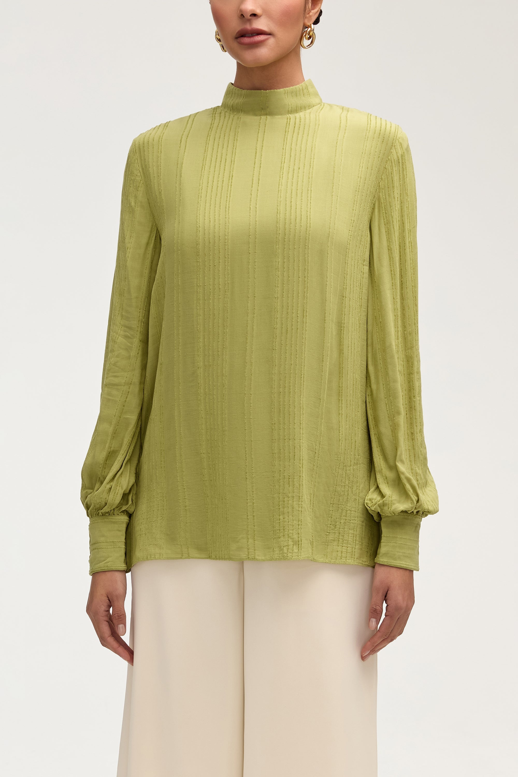 Textured Rayon Balloon Sleeve Blouse - Fern Green Tops Veiled Collection 