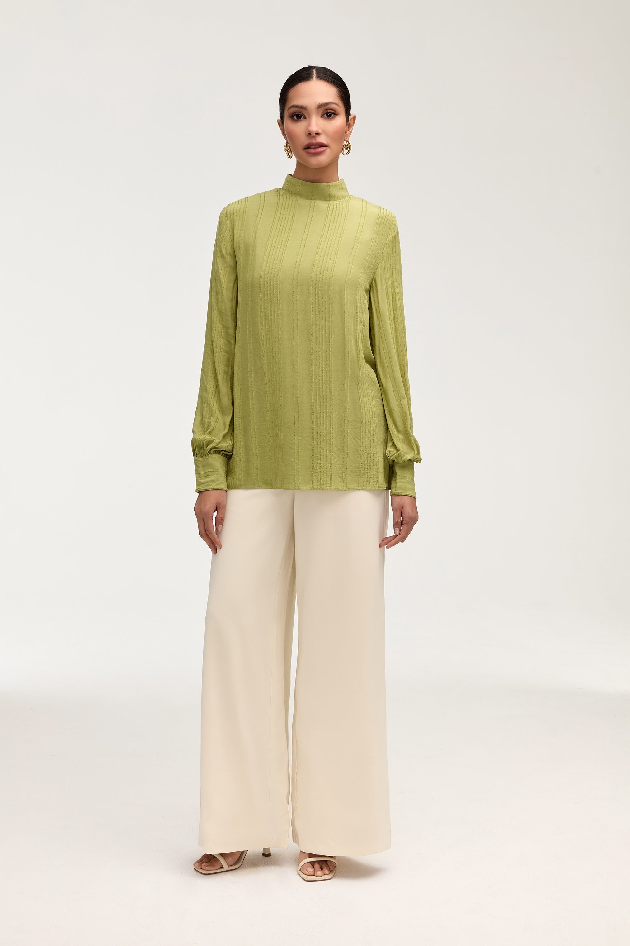 Textured Rayon Balloon Sleeve Blouse - Fern Green Tops Veiled Collection 