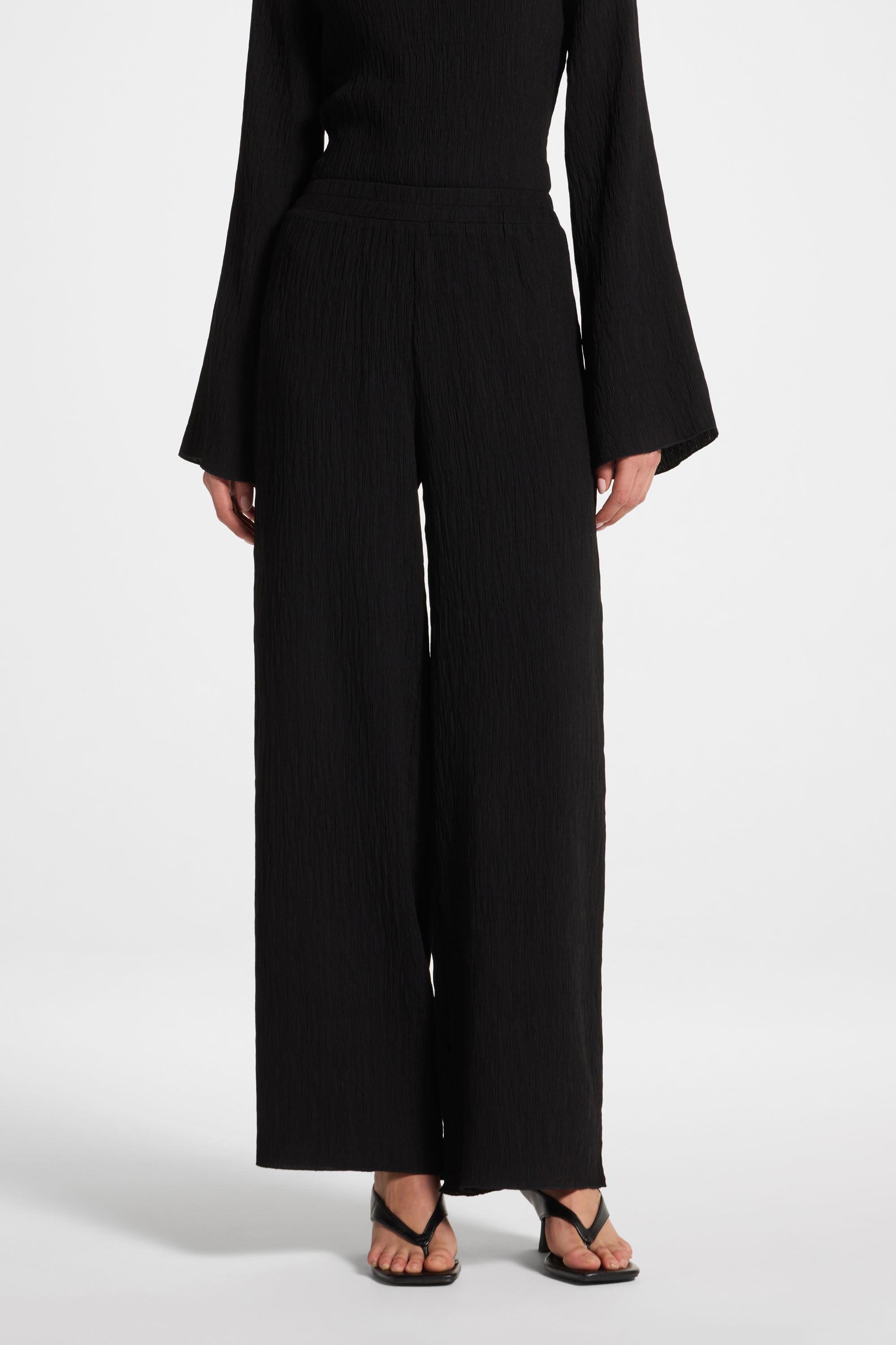 Textured Wide Leg Pants - Black Abayas Veiled 