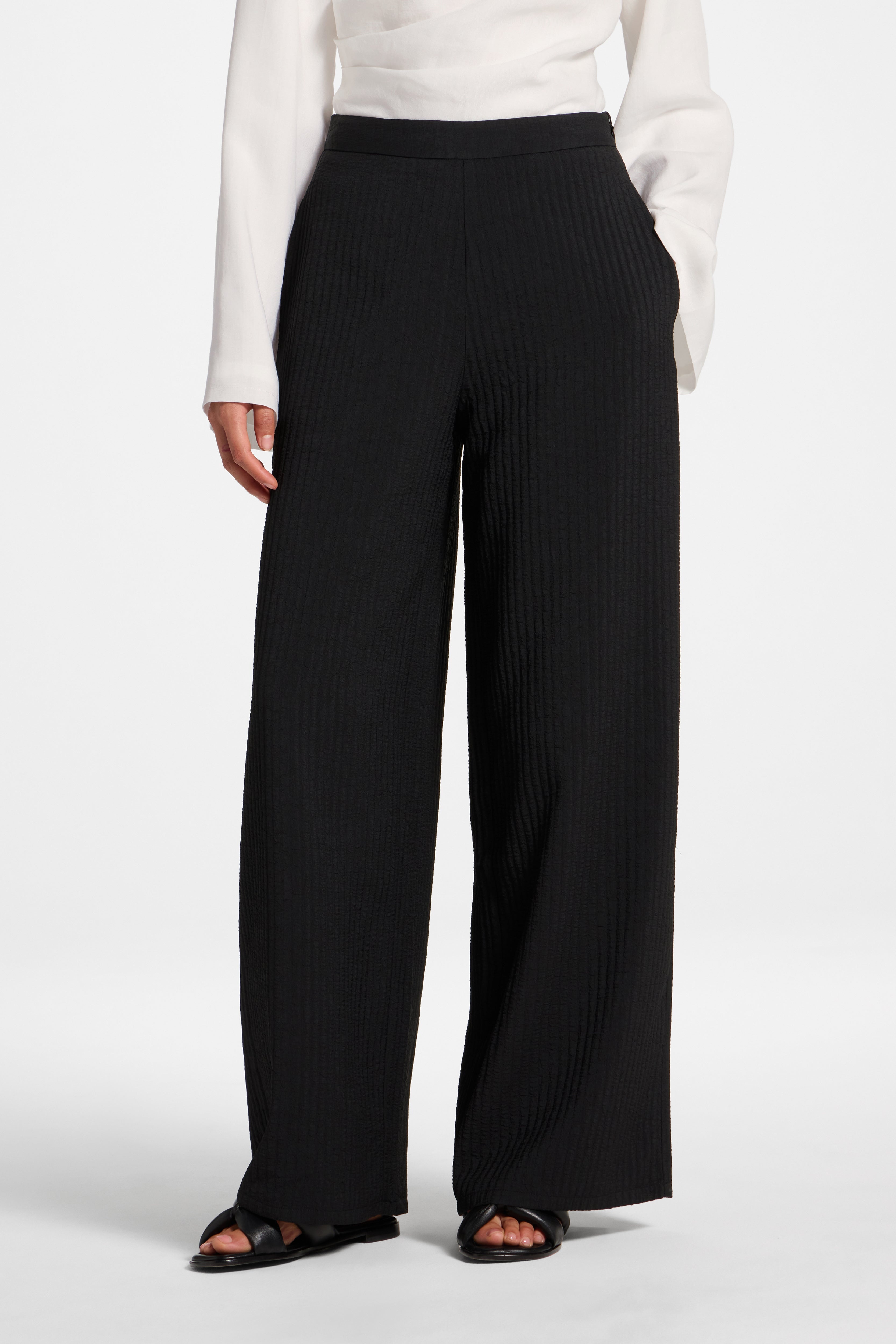 Textured Wide Leg Pants - Black Abayas Veiled 