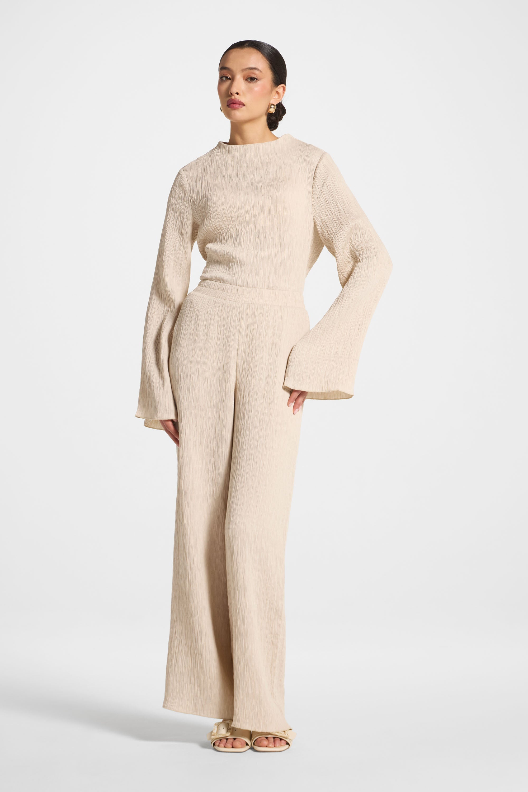 Textured Wide Leg Pants - Stone Abayas Veiled 