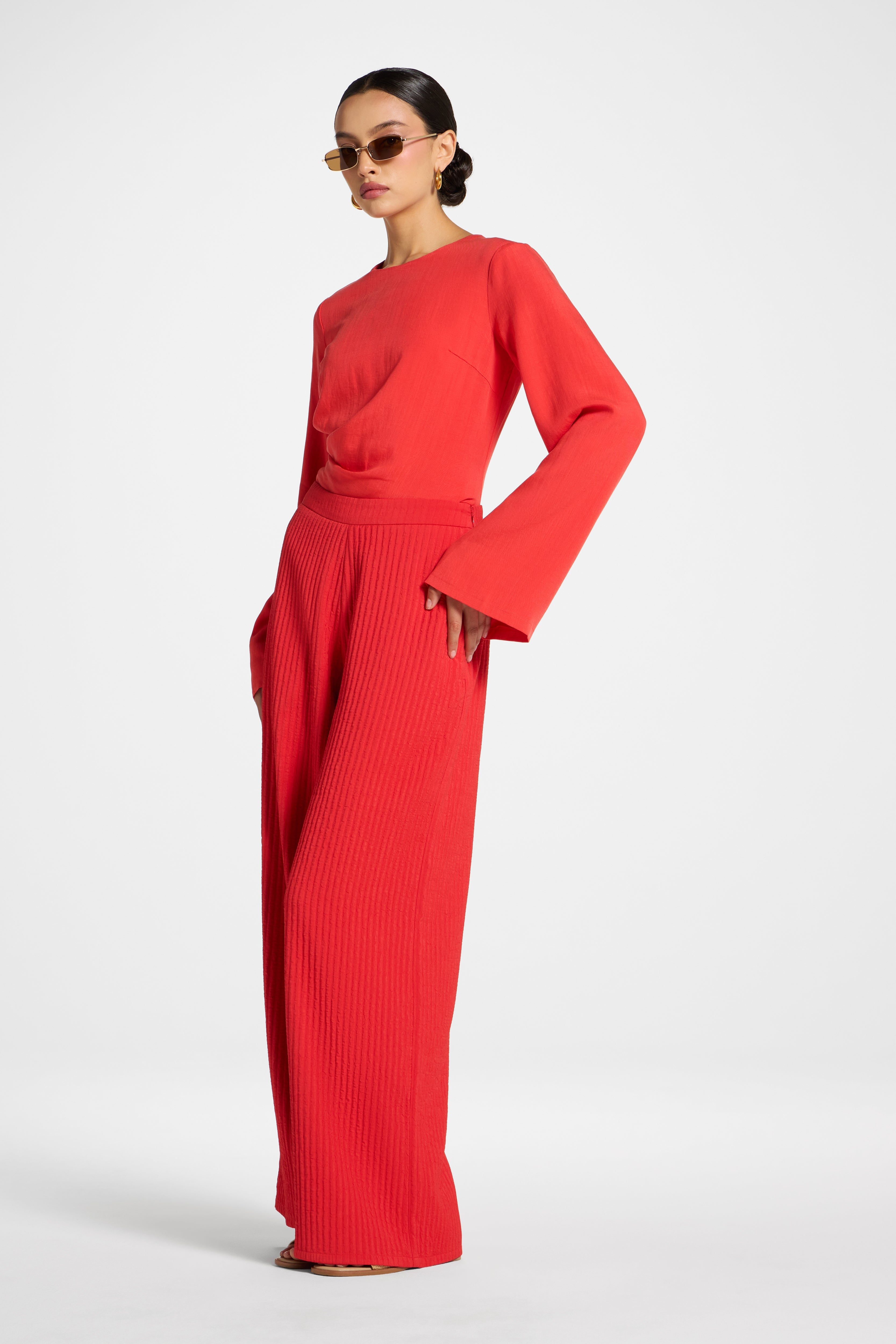 Textured Wide Leg Pants - Strawberry Abayas Veiled 