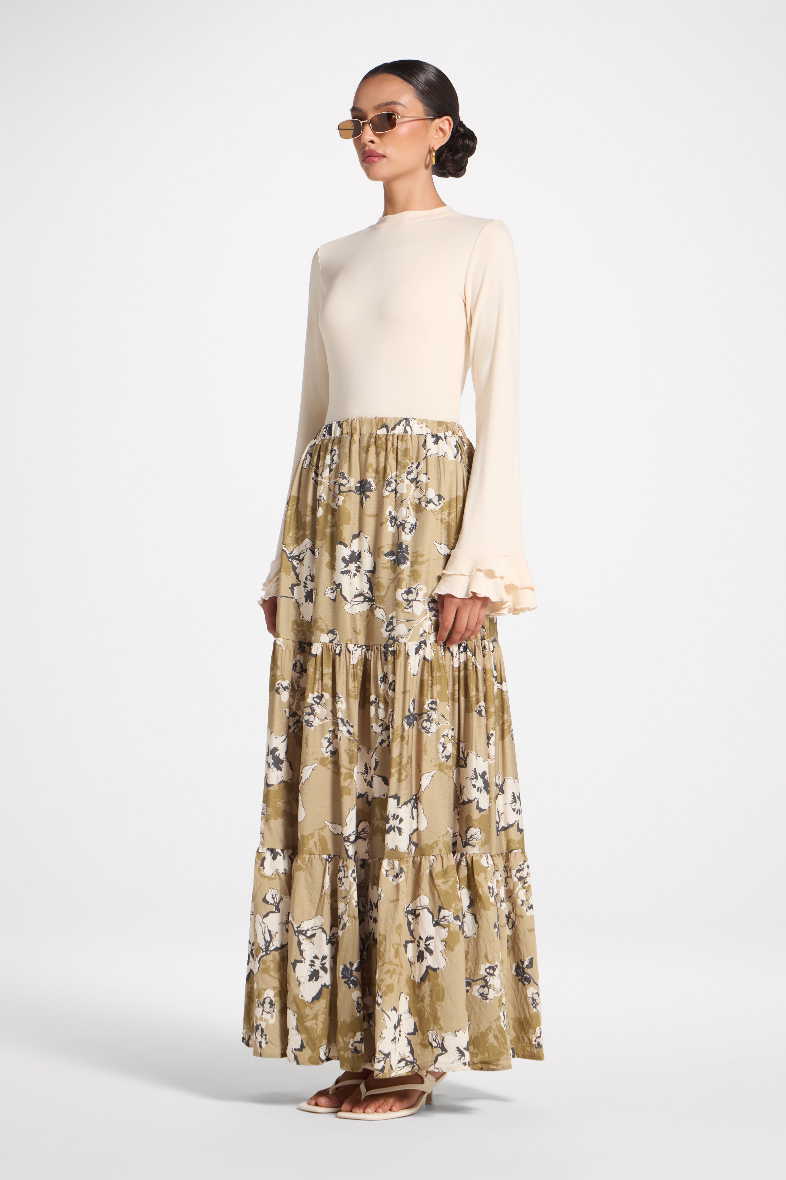 Tiered Floral Skirt - Green Veiled 