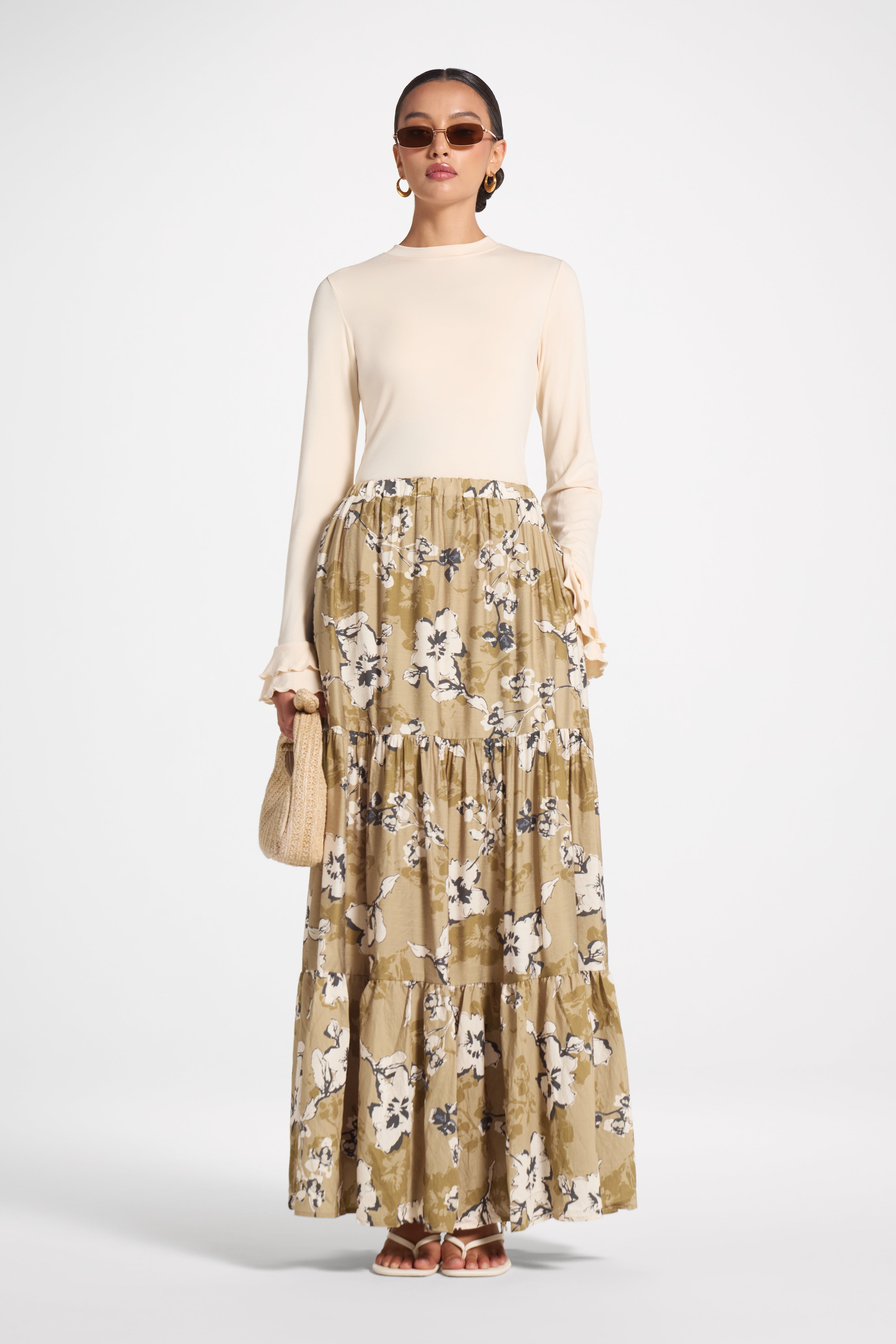 Tiered Floral Skirt - Green Veiled 