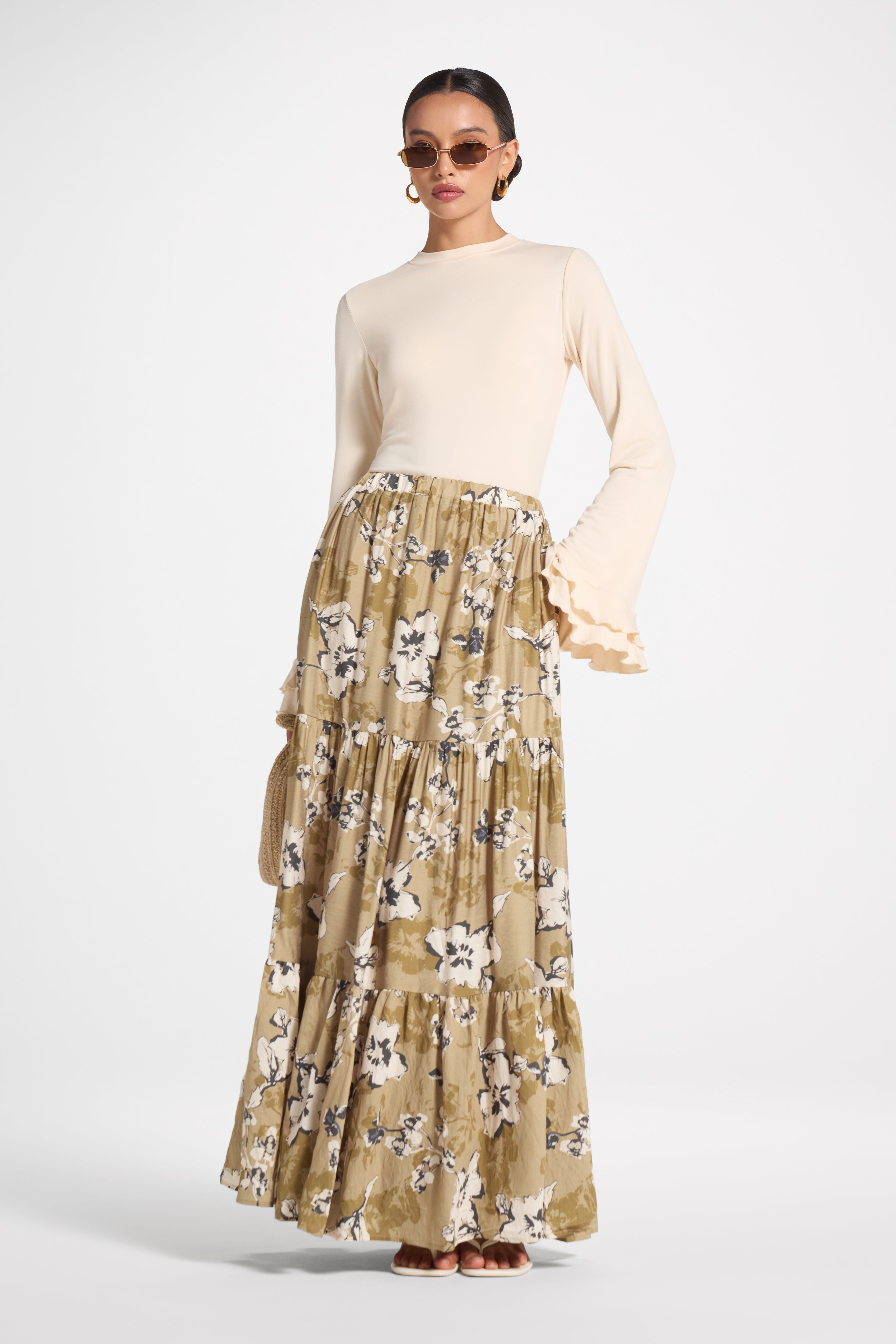 Tiered Floral Skirt - Green Veiled 