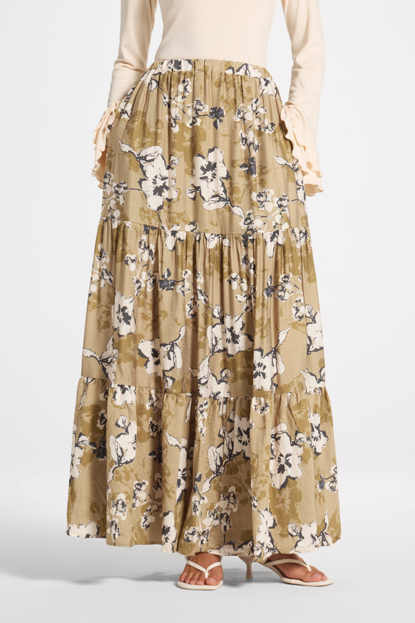Tiered Floral Skirt - Green Veiled 