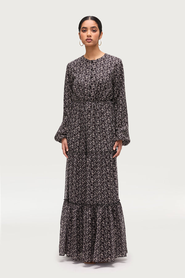 Tiered Flowy Button Down Maxi Dress - Black Floral Dresses Veiled 