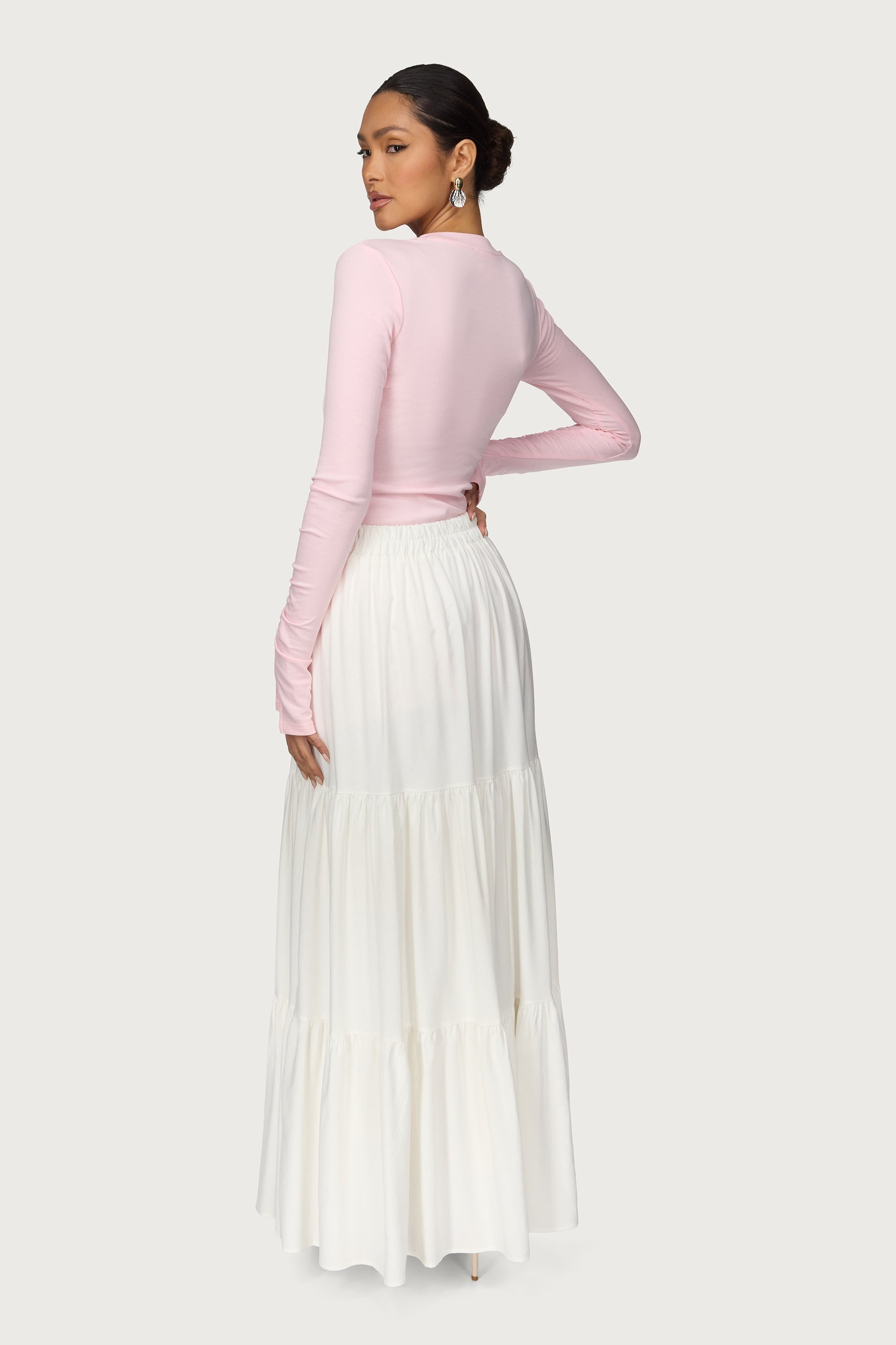 Tiered Linen Maxi Skirt - White Abayas Veiled 