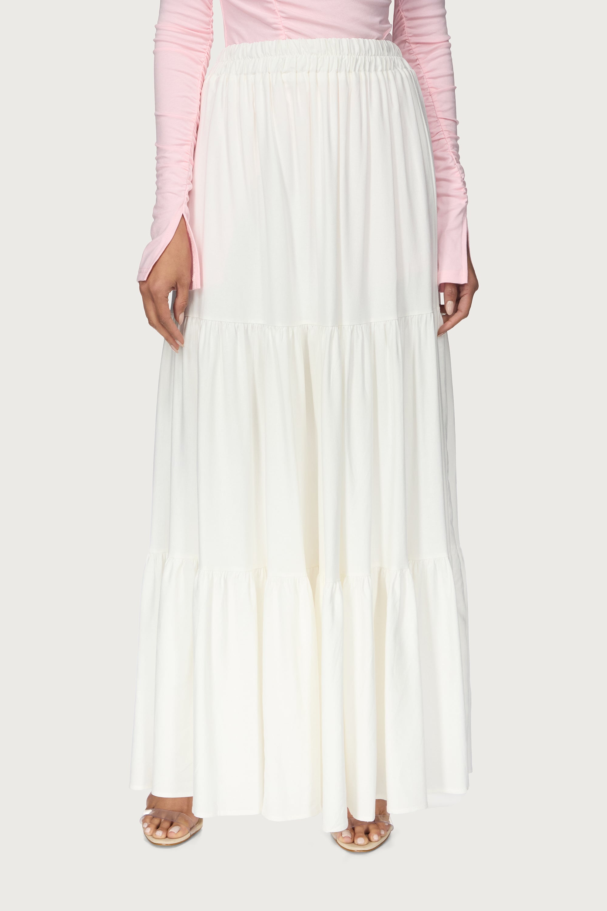 Tiered Linen Maxi Skirt - White Abayas Veiled 