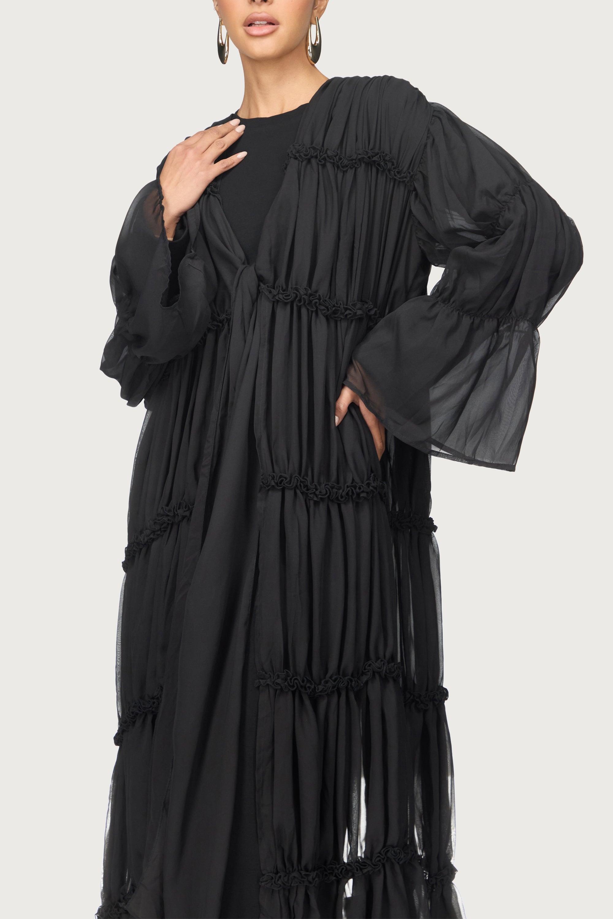 Tiered Open Abaya - Black Abayas Veiled 