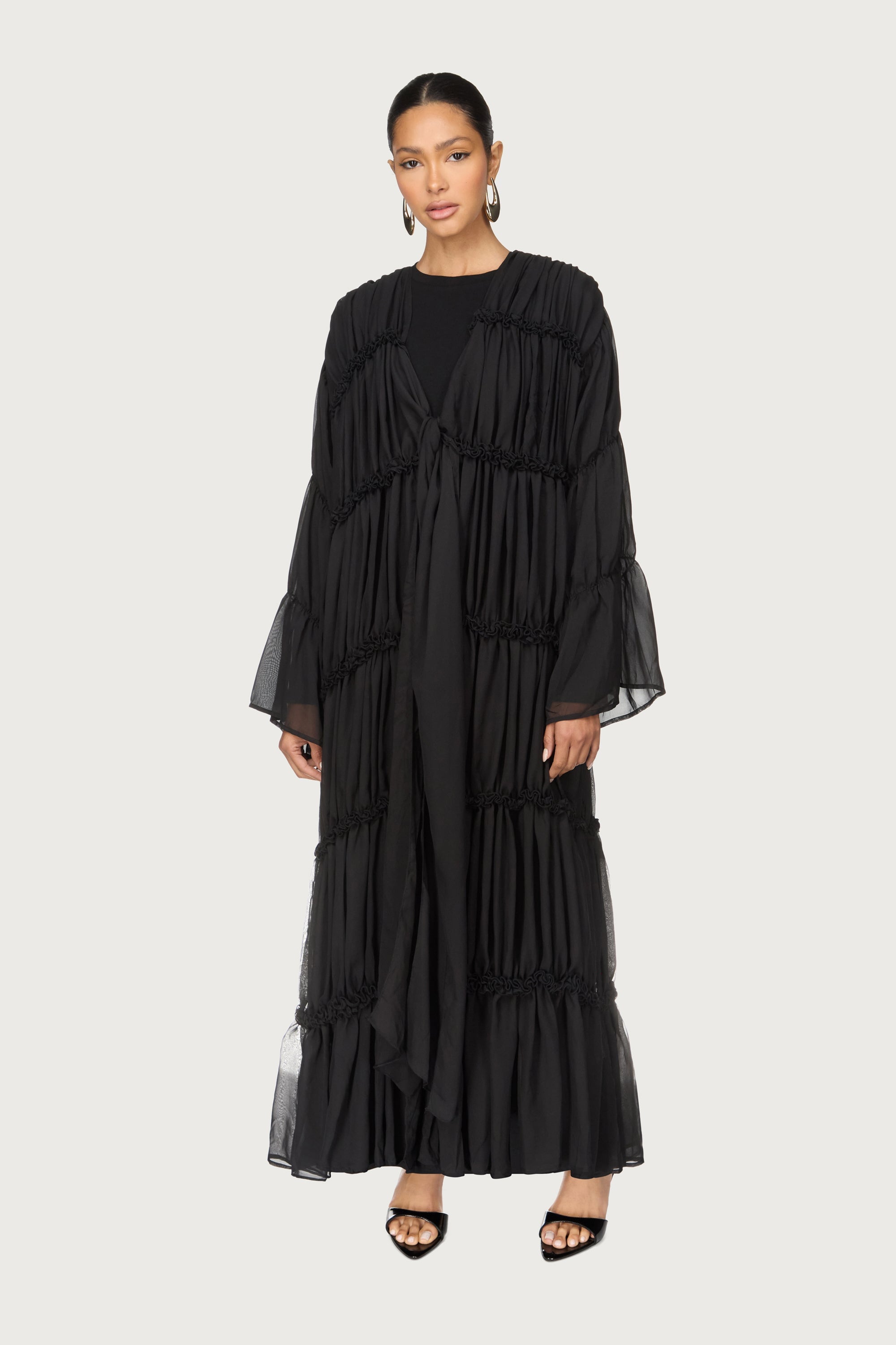 Tiered Open Abaya - Black Abayas Veiled 