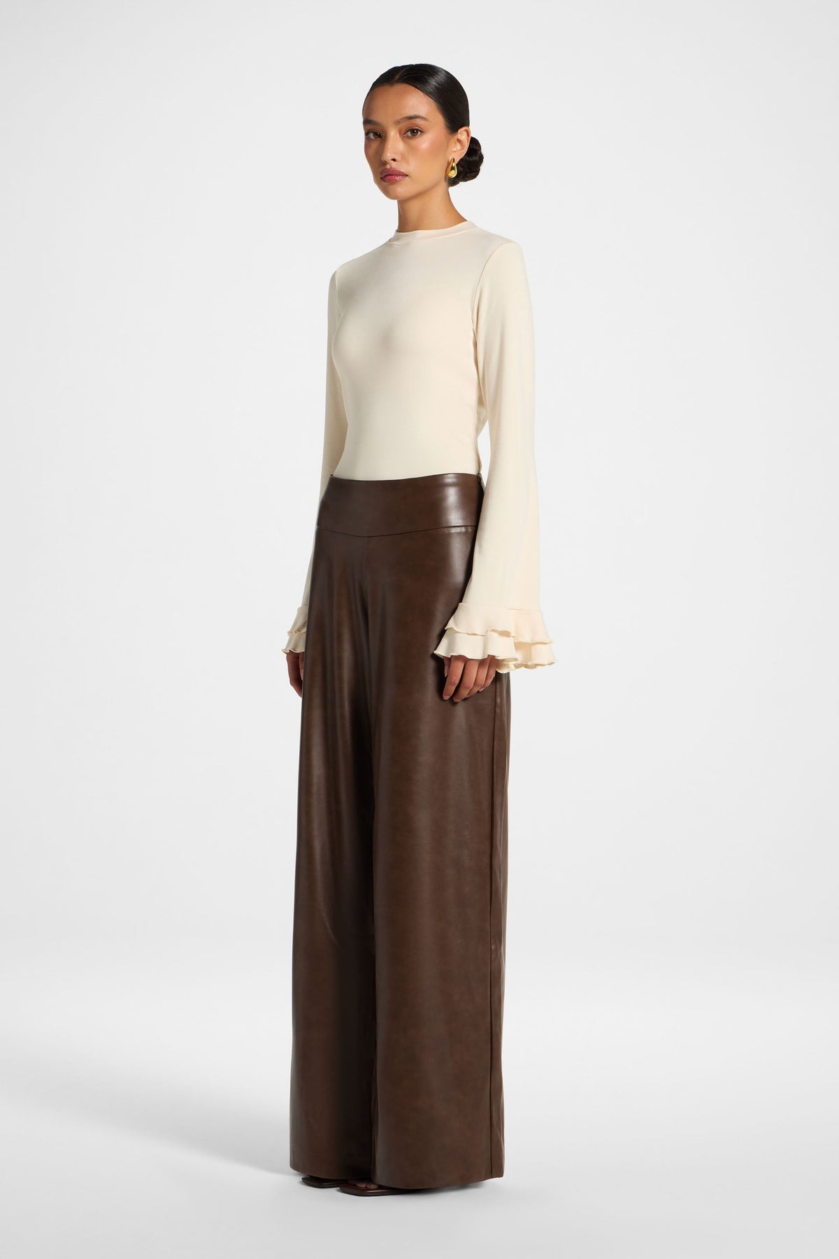 Ultra Wide Leg Leather Pants - Chocolate Pants Veiled 