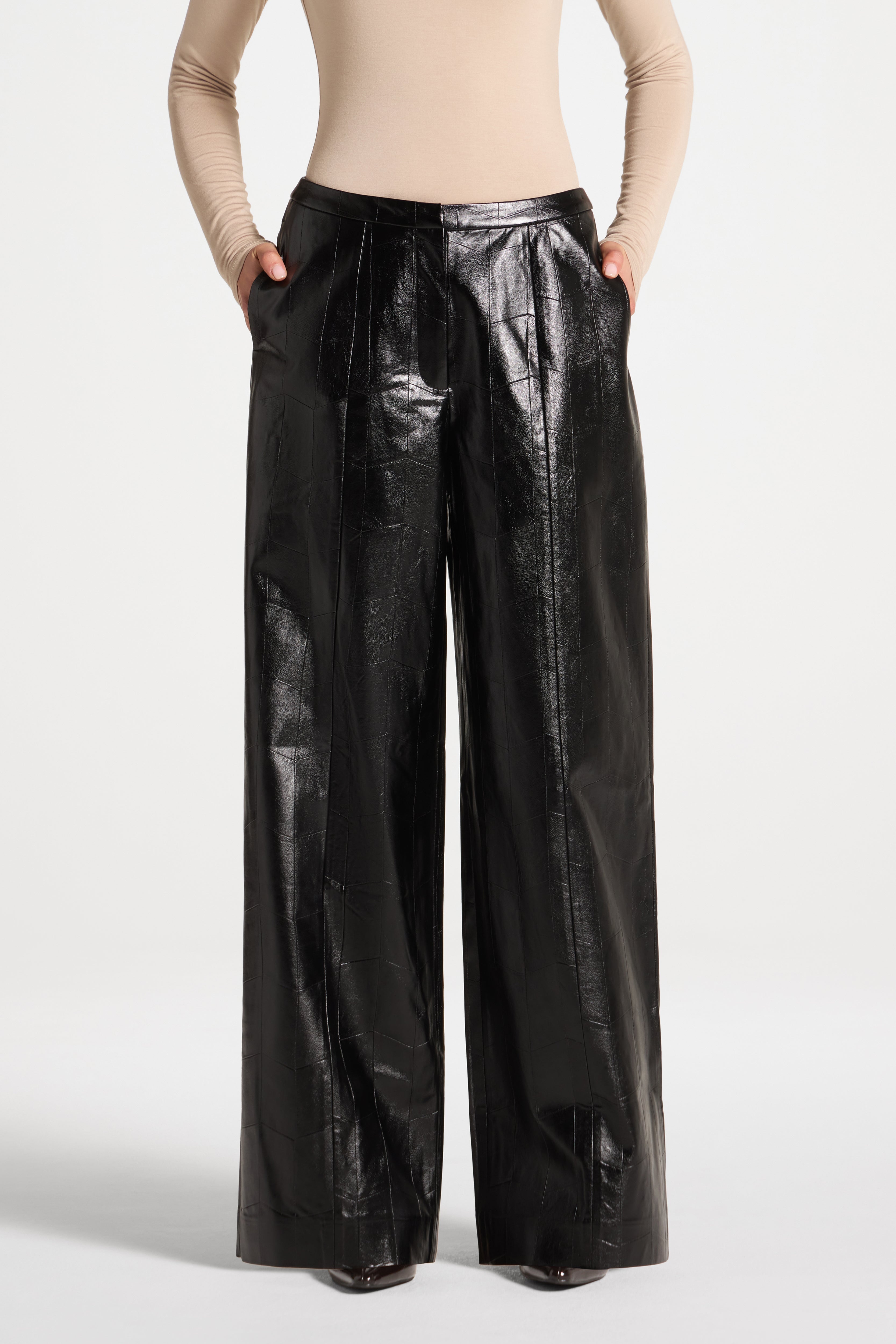 Wide Leg Leather Pants - Black Abayas Veiled 