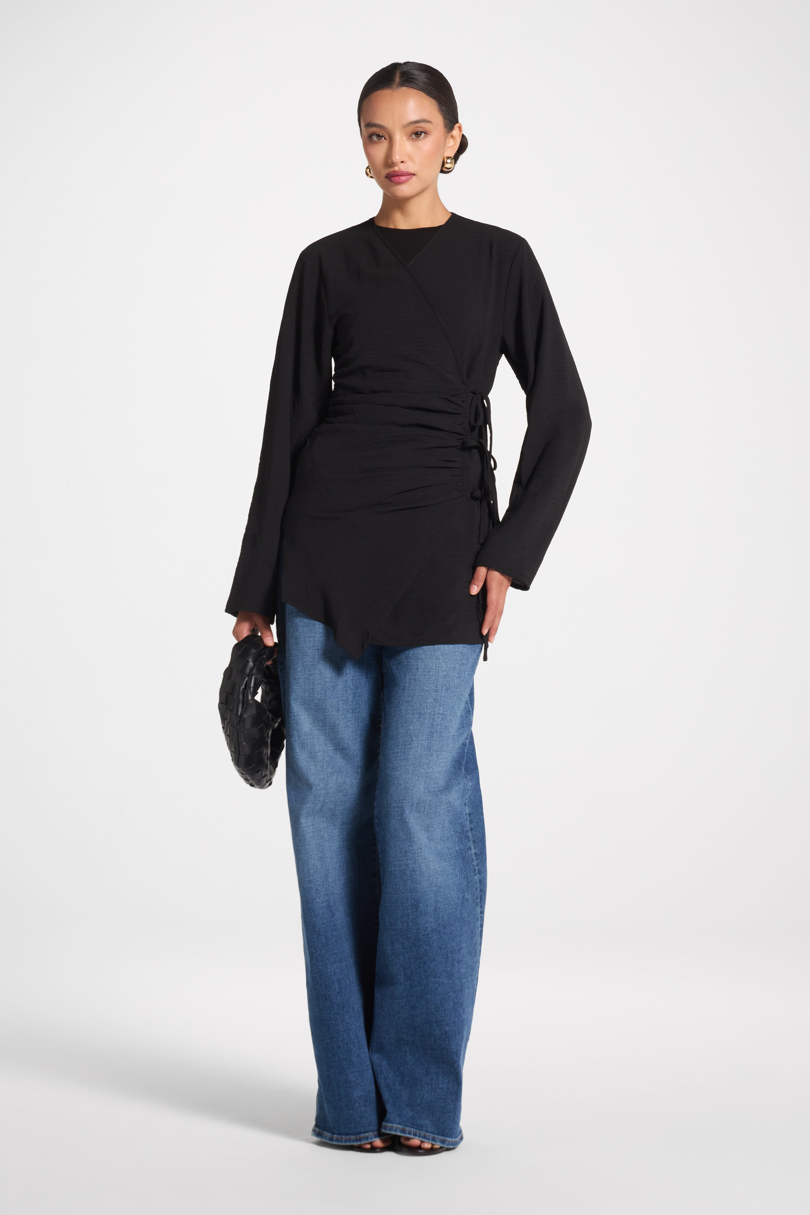 Wrinkle Tie Front Top - Black Veiled 