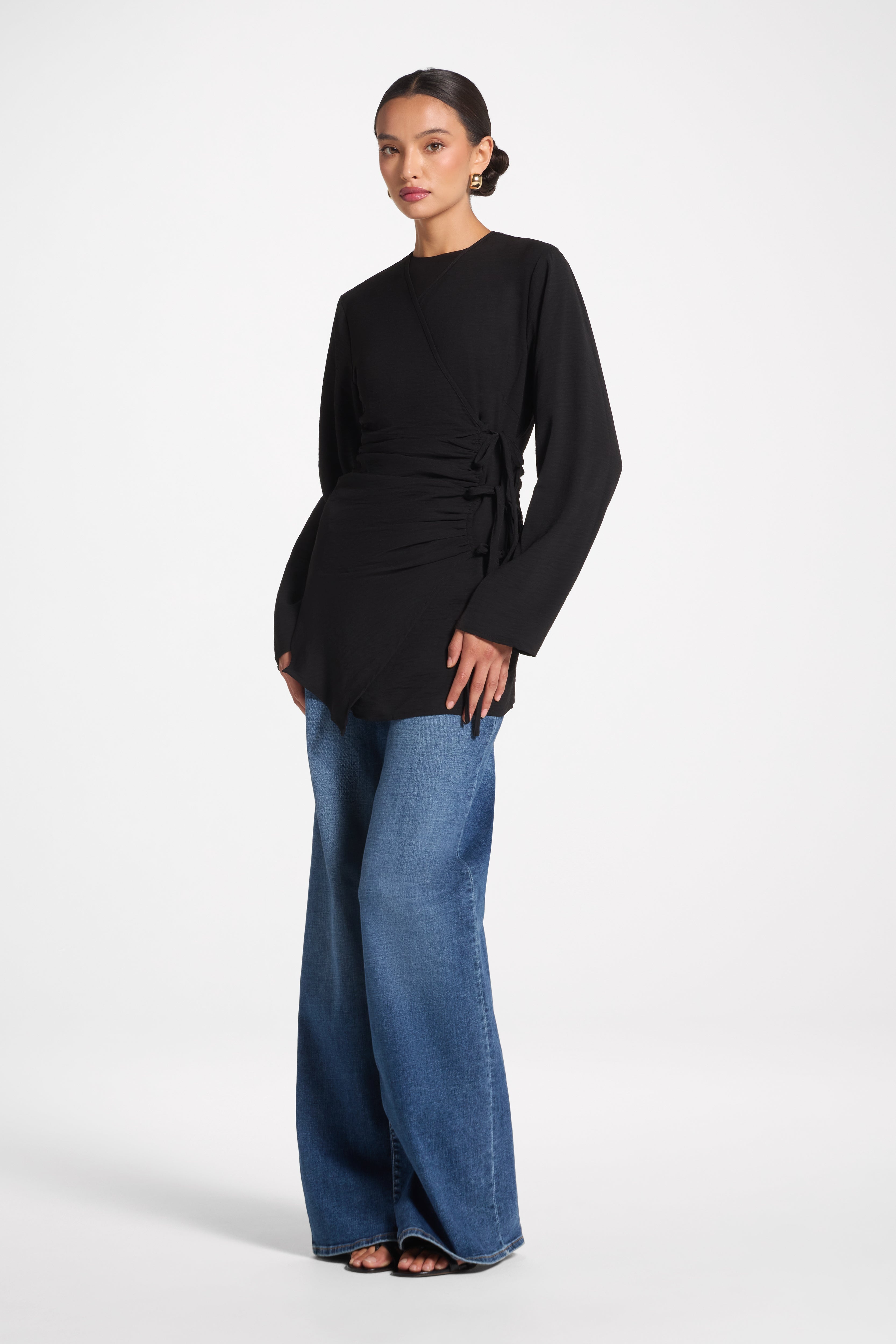 Wrinkle Tie Front Top - Black Veiled 