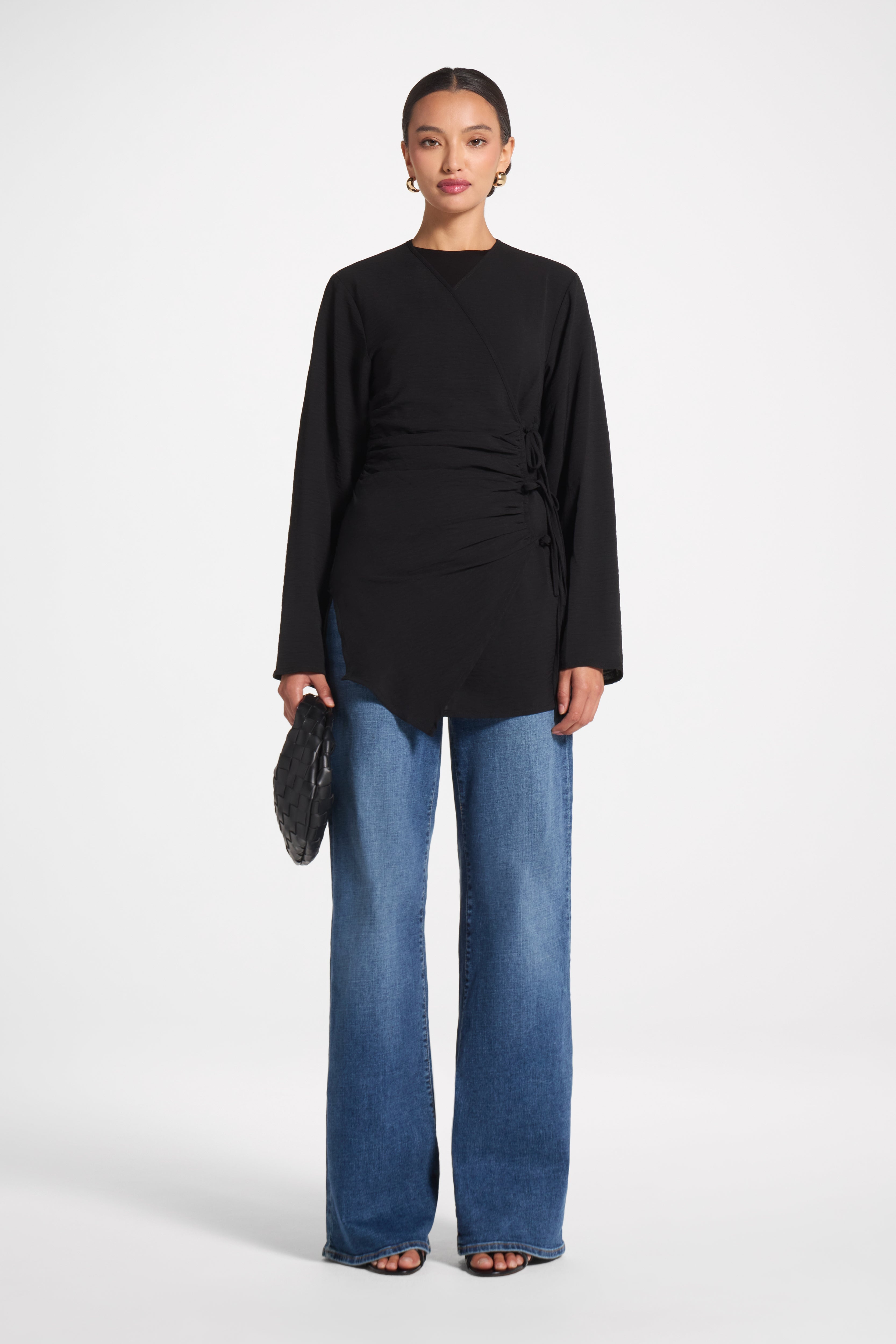 Wrinkle Tie Front Top - Black Veiled 