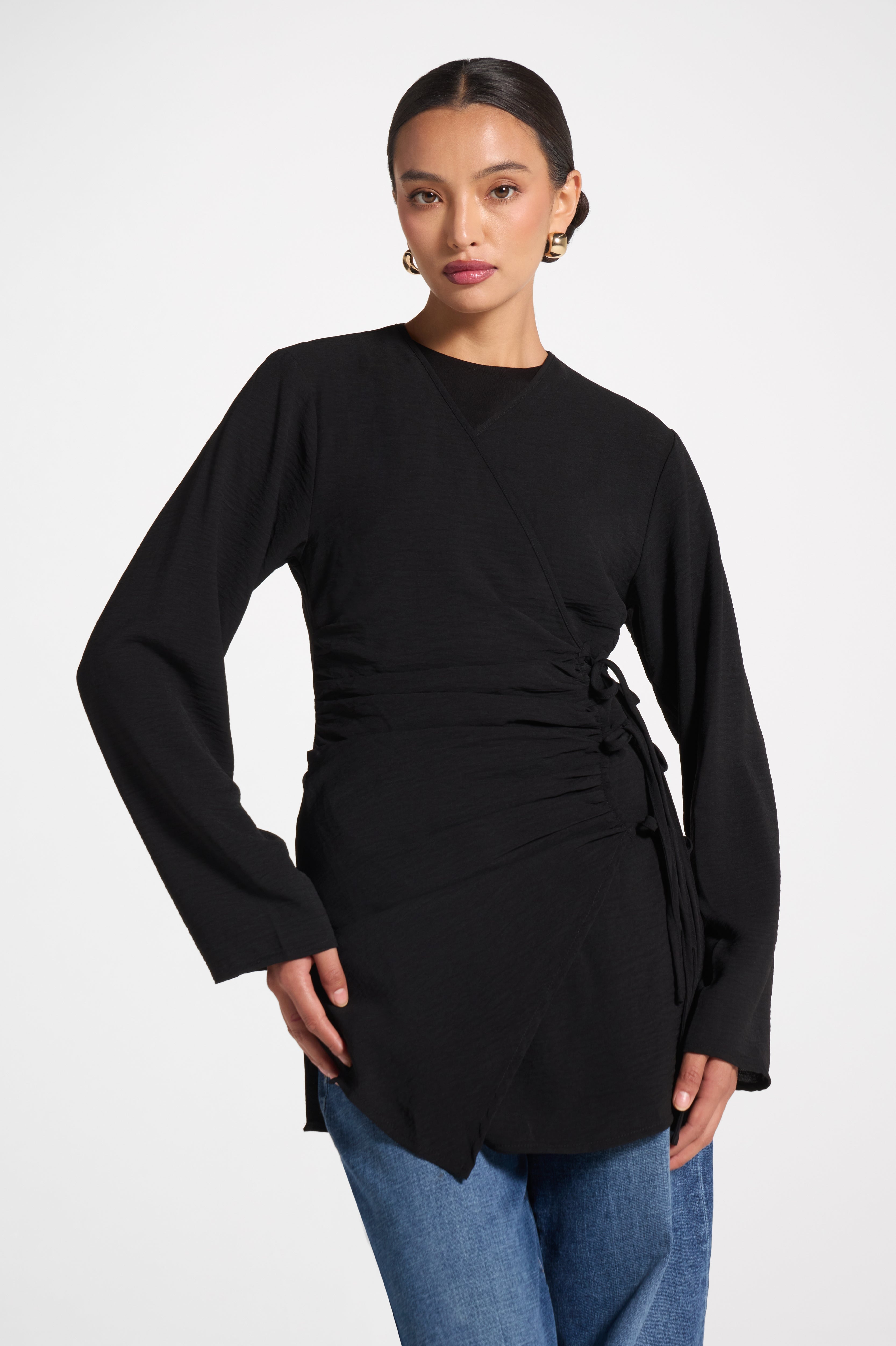Wrinkle Tie Front Top - Black Veiled 