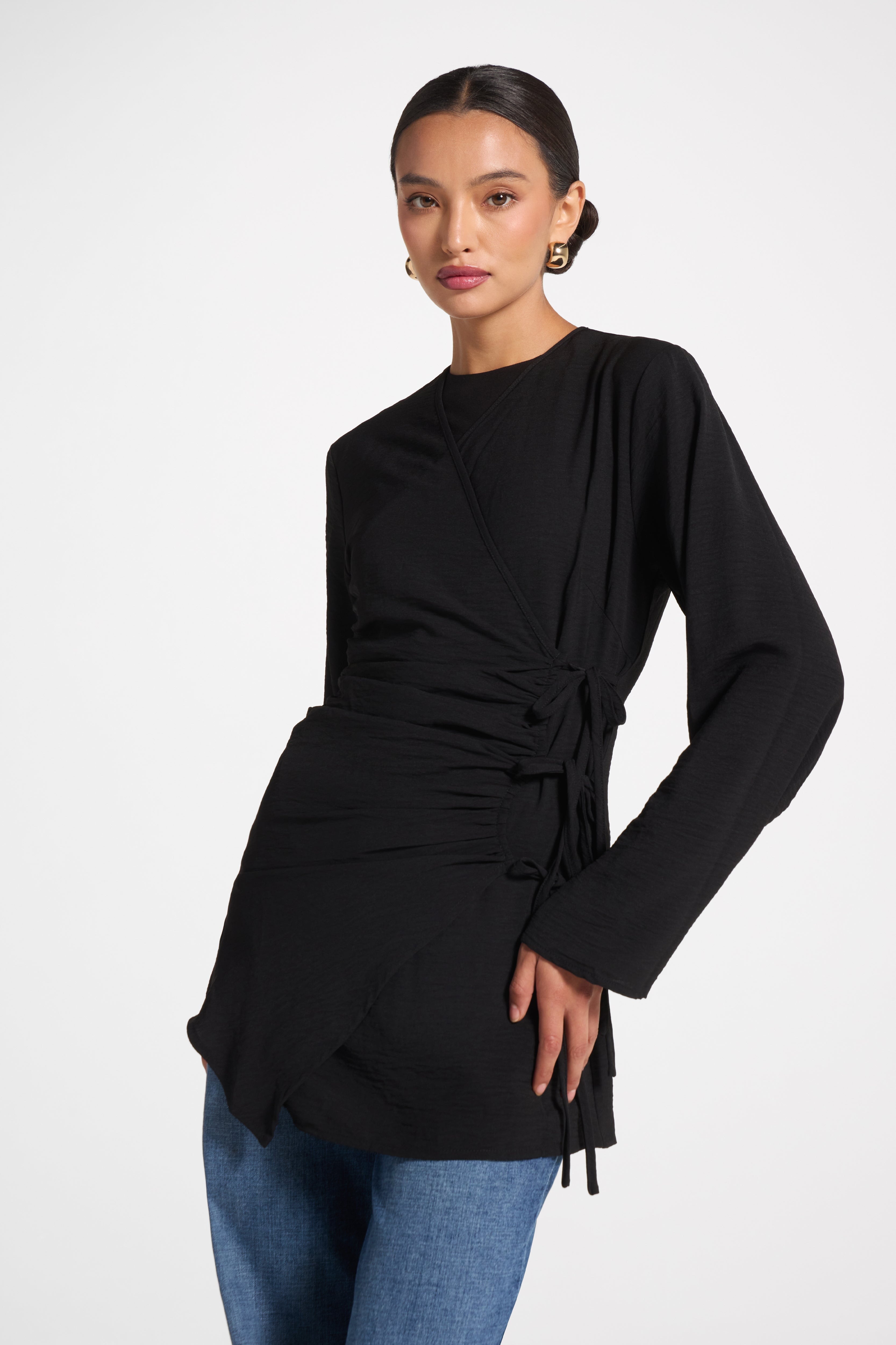 Wrinkle Tie Front Top - Black Veiled 