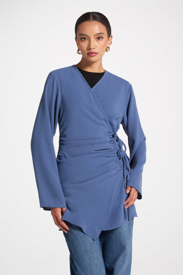 Wrinkle Tie Front Top - Denim Veiled 