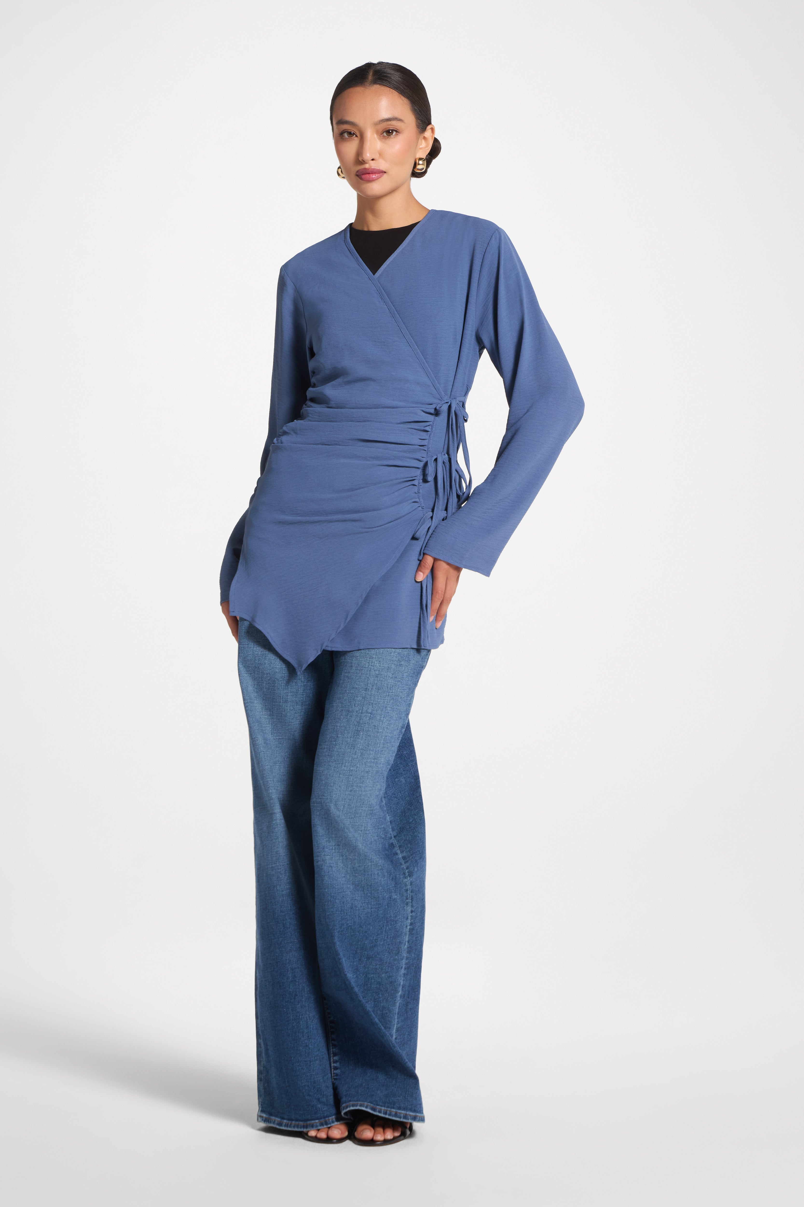 Wrinkle Tie Front Top - Denim Veiled 