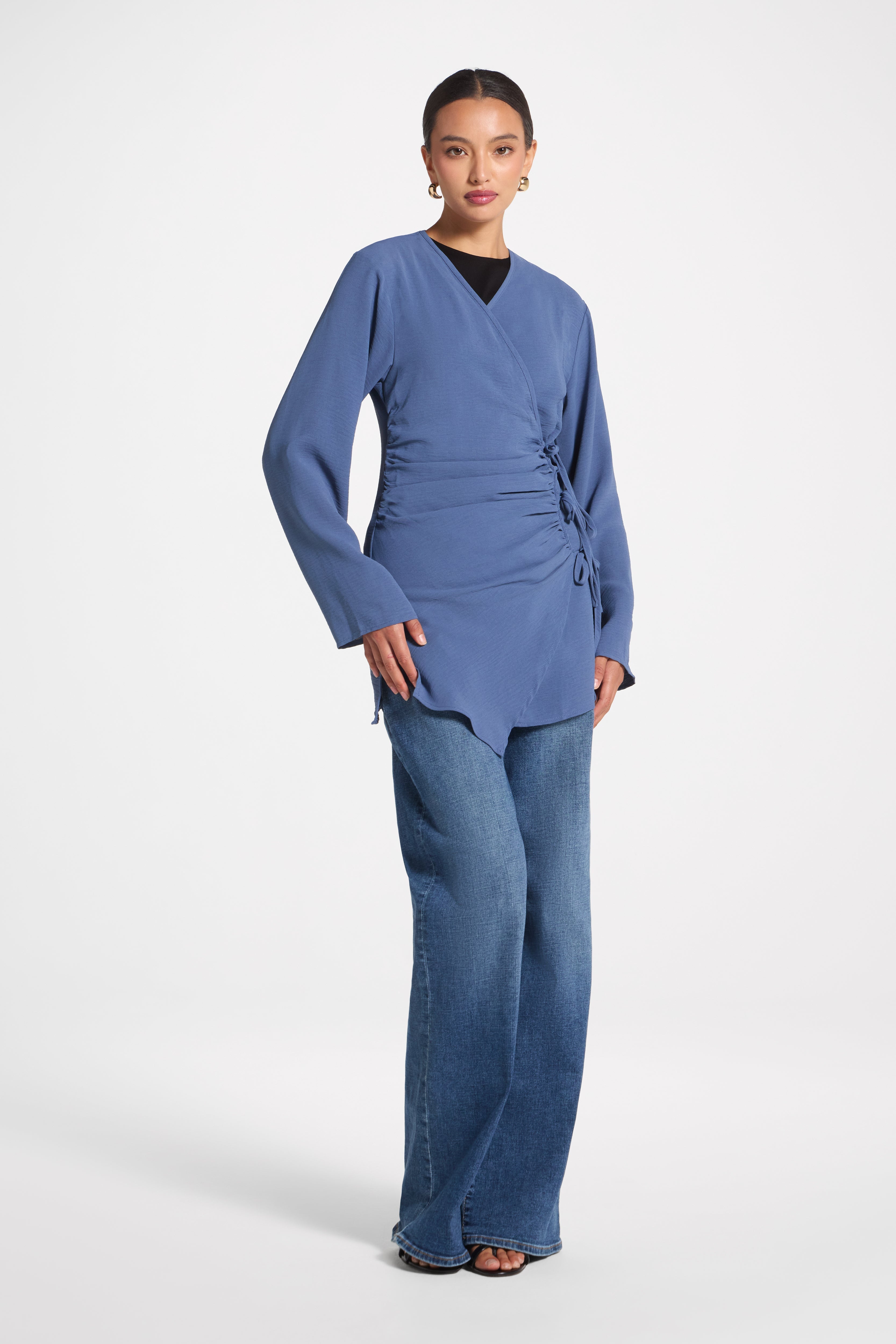 Wrinkle Tie Front Top - Denim Veiled 