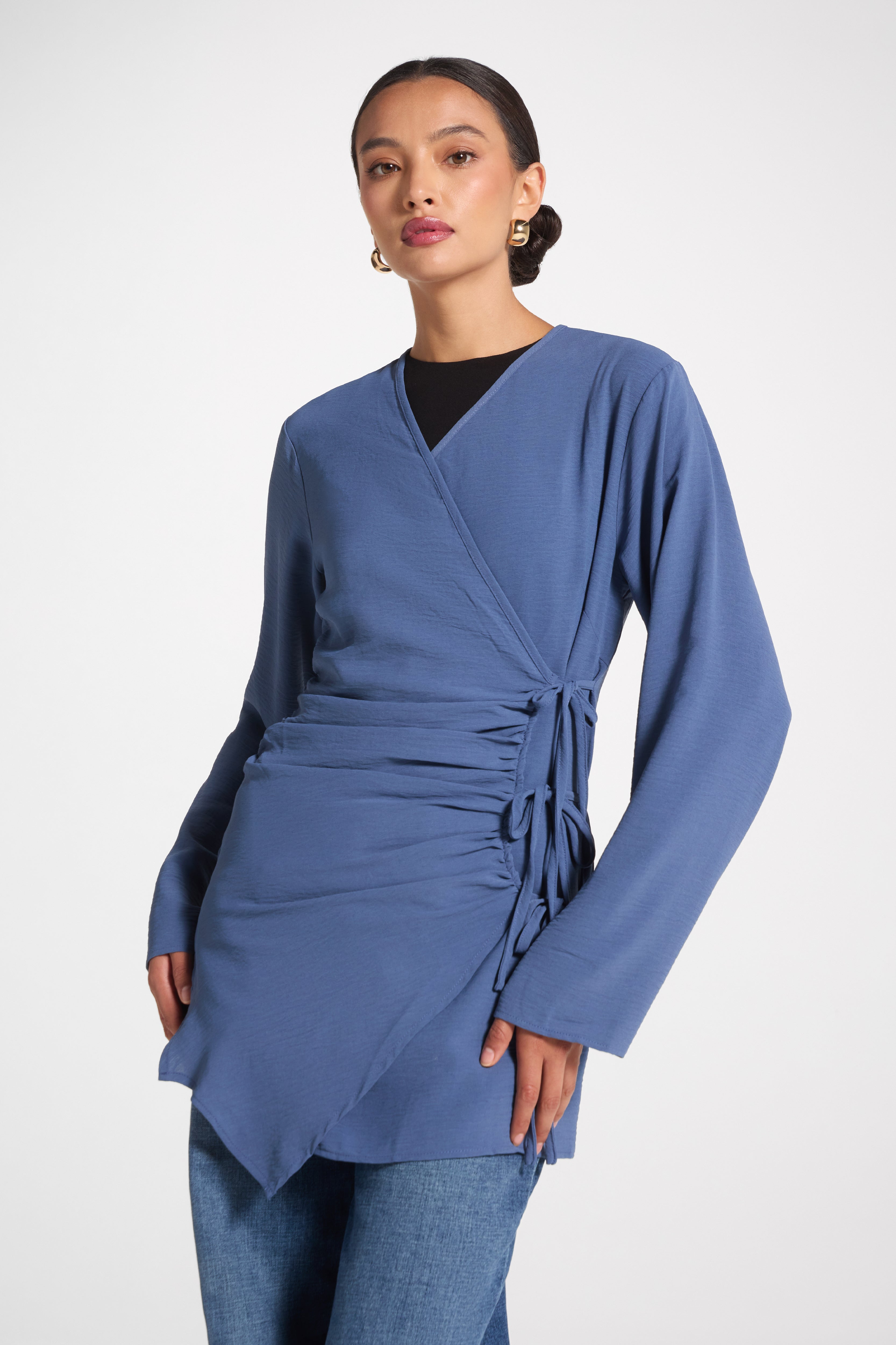 Wrinkle Tie Front Top - Denim Veiled 