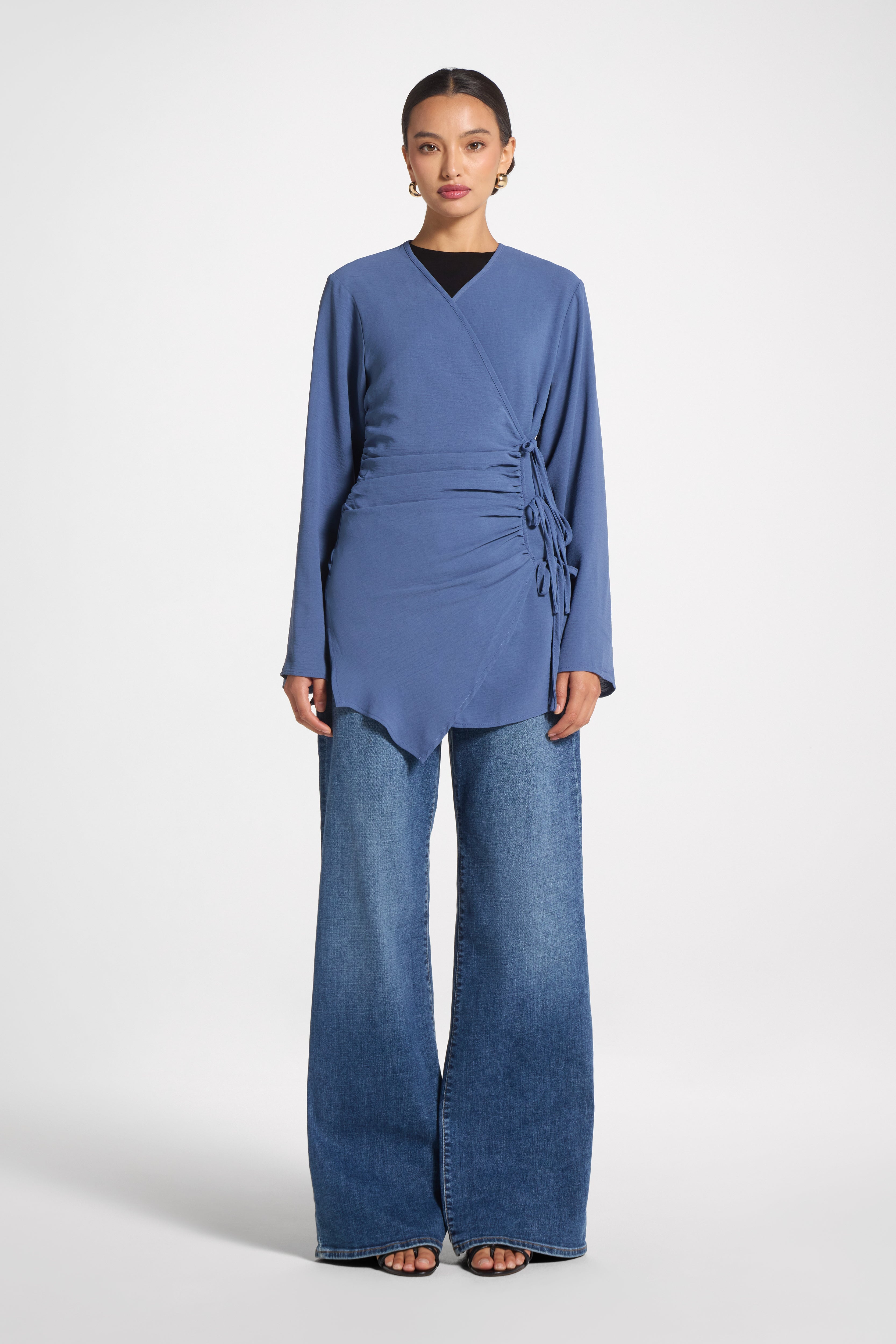 Wrinkle Tie Front Top - Denim Veiled 