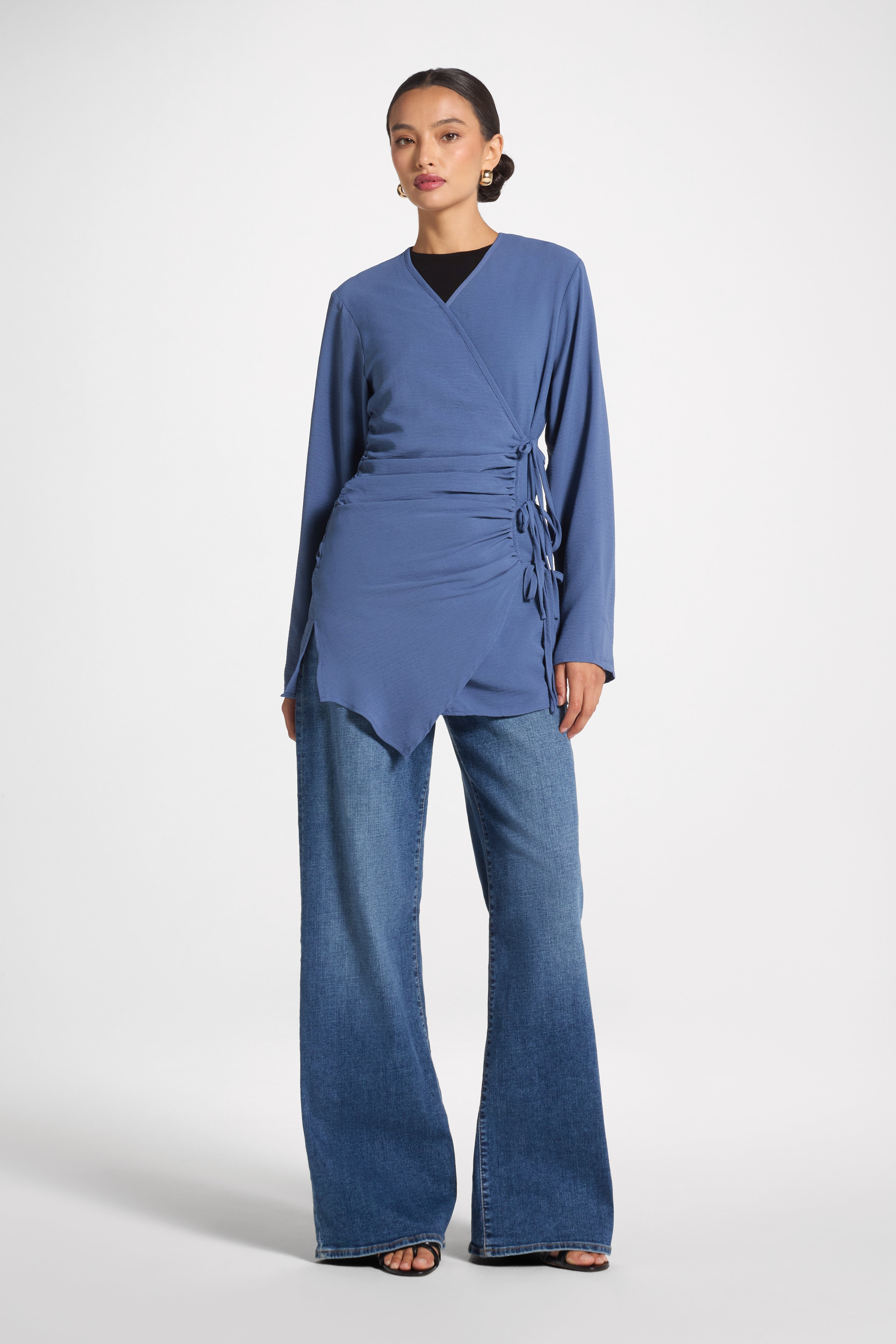 Wrinkle Tie Front Top - Denim Veiled 