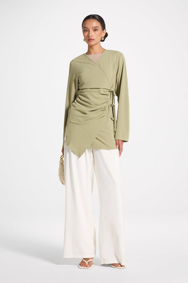 Wrinkle Tie Front Top - Sage Veiled 